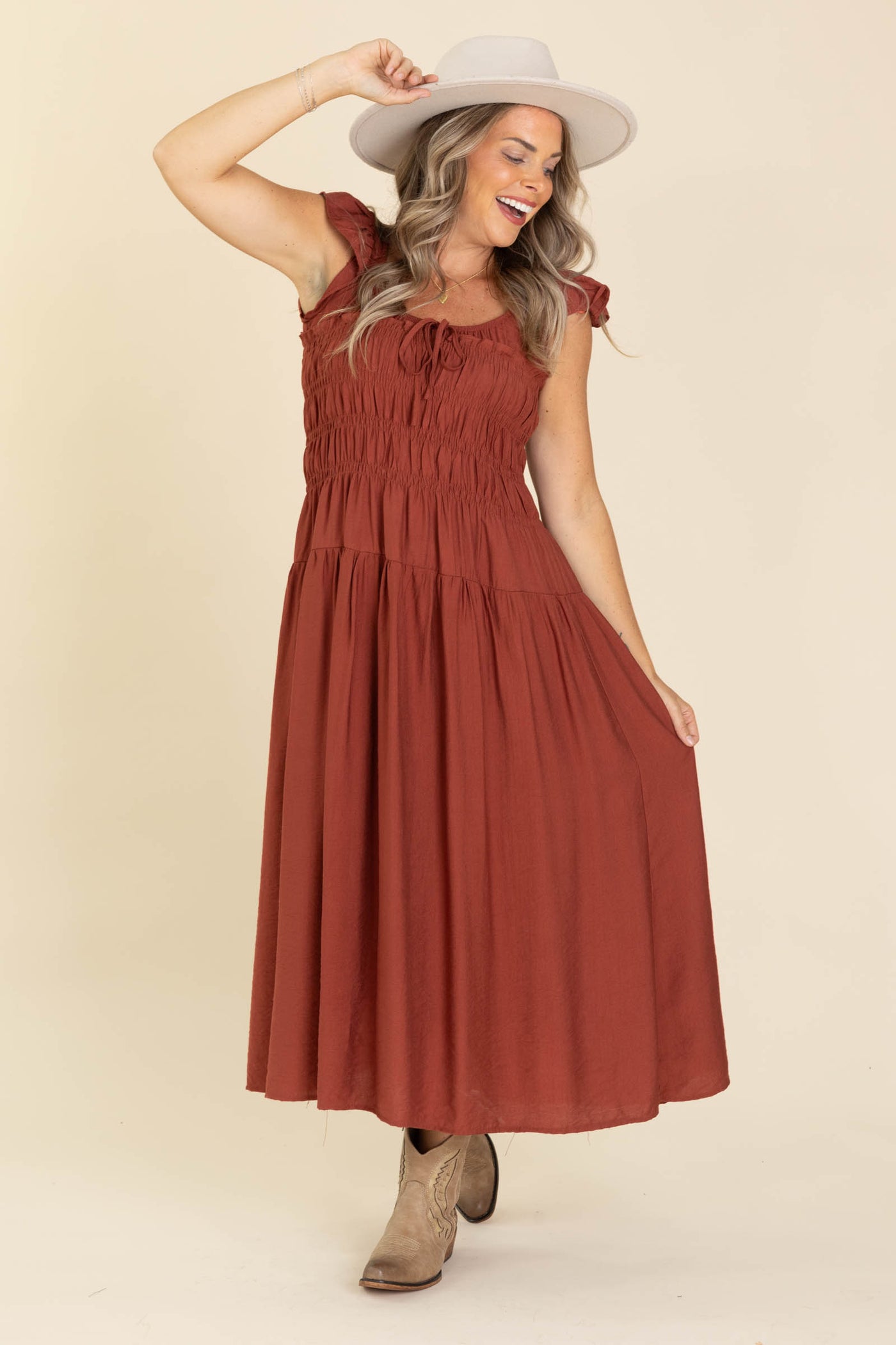 Chestnut Smocked Bodice Midi Dress