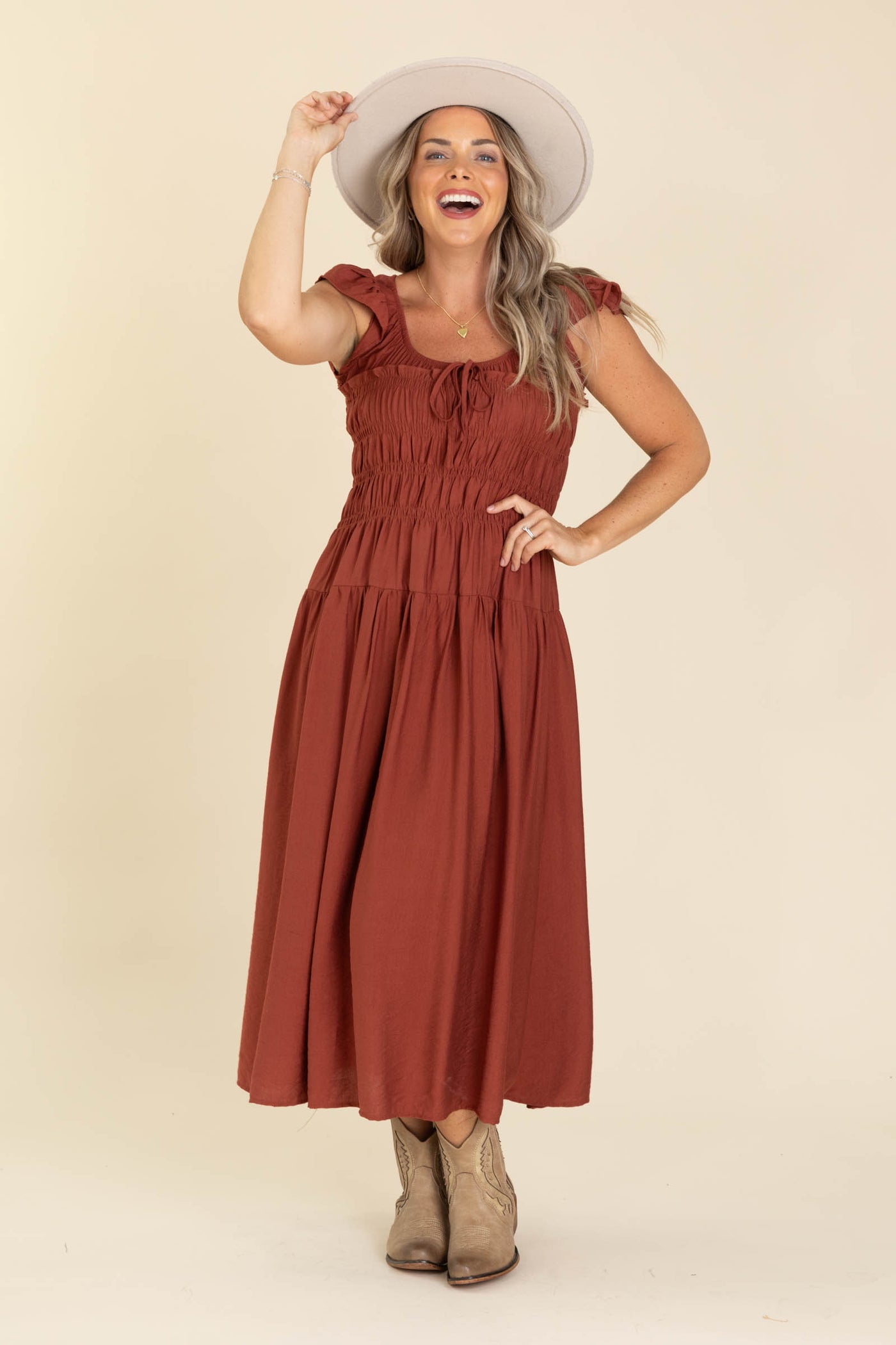 Chestnut Smocked Bodice Midi Dress