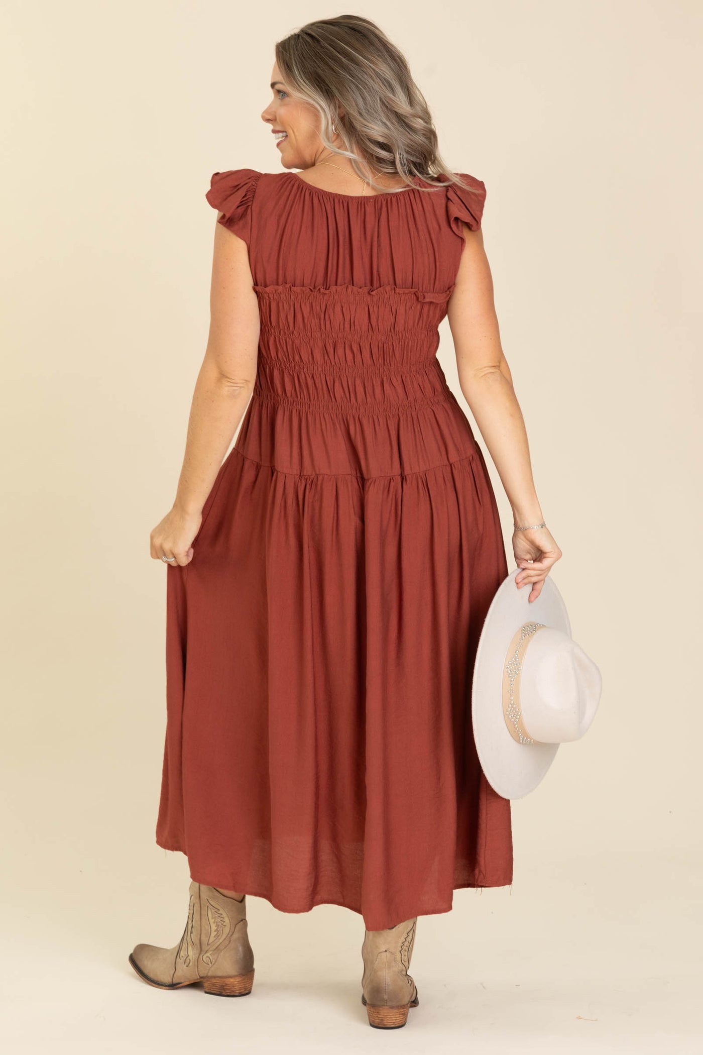 Chestnut Smocked Bodice Midi Dress