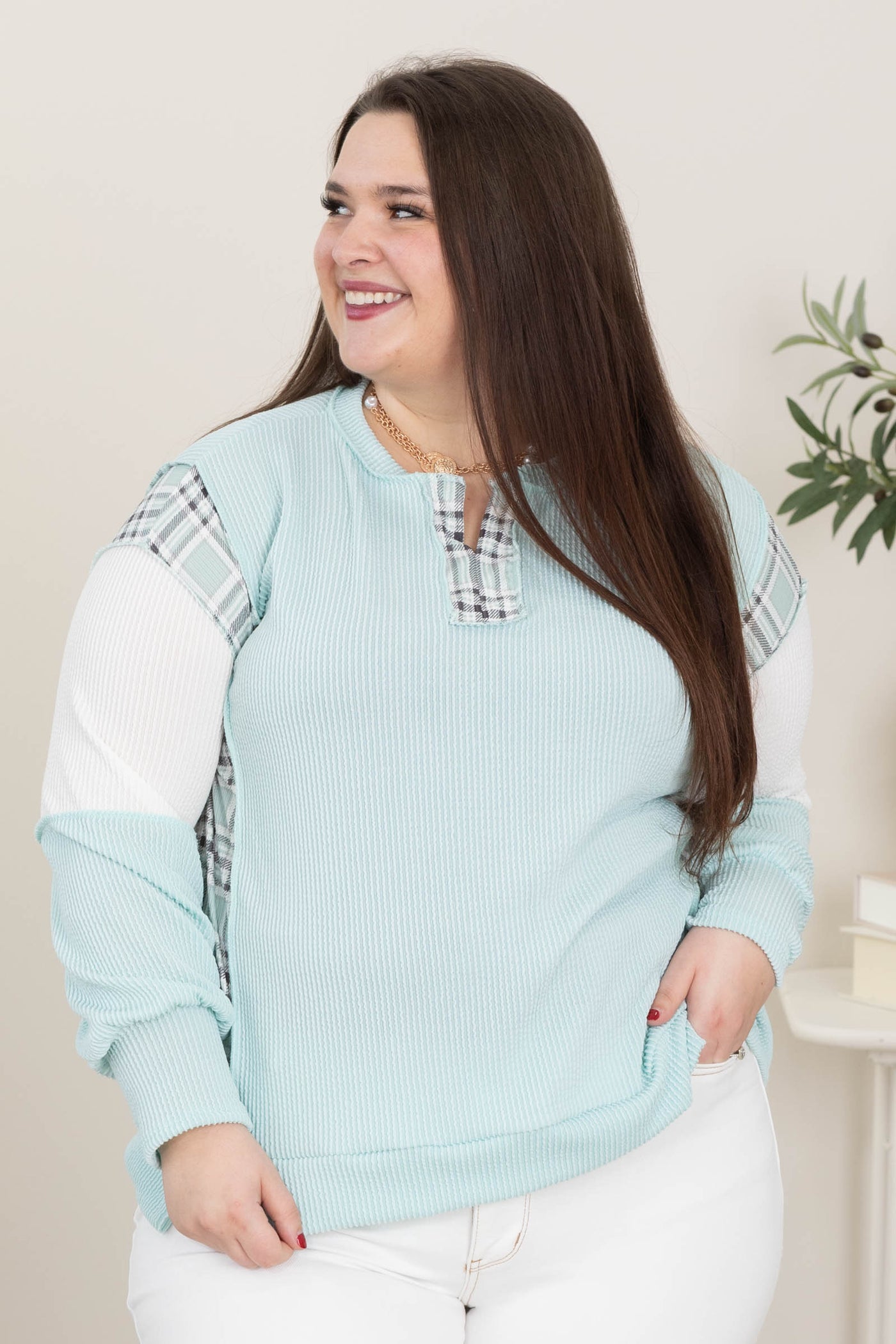 Plaid Detail Knit Ribbed Tops