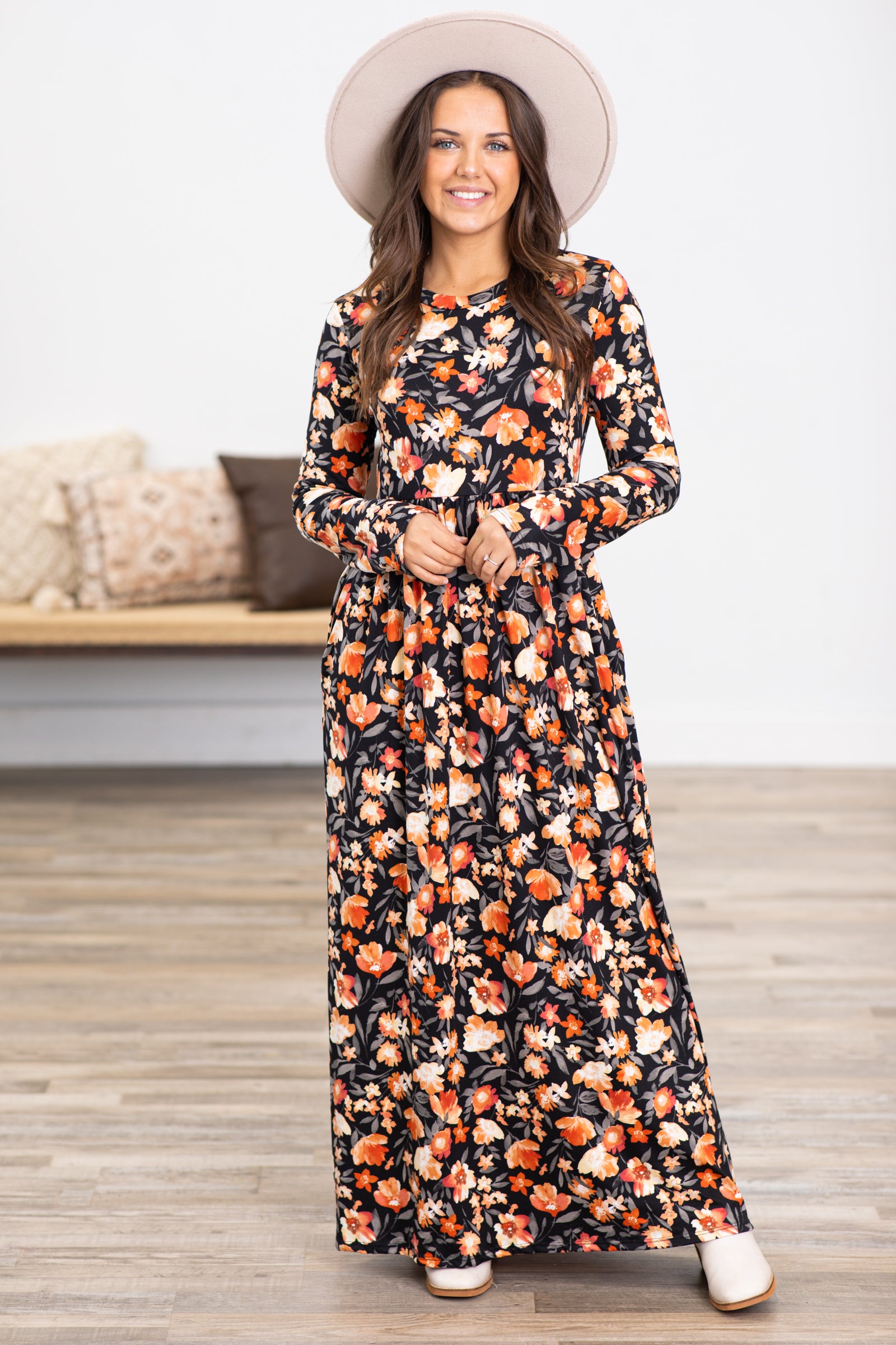 Black and Orange Floral Long Sleeve Maxi Dress · Filly Flair