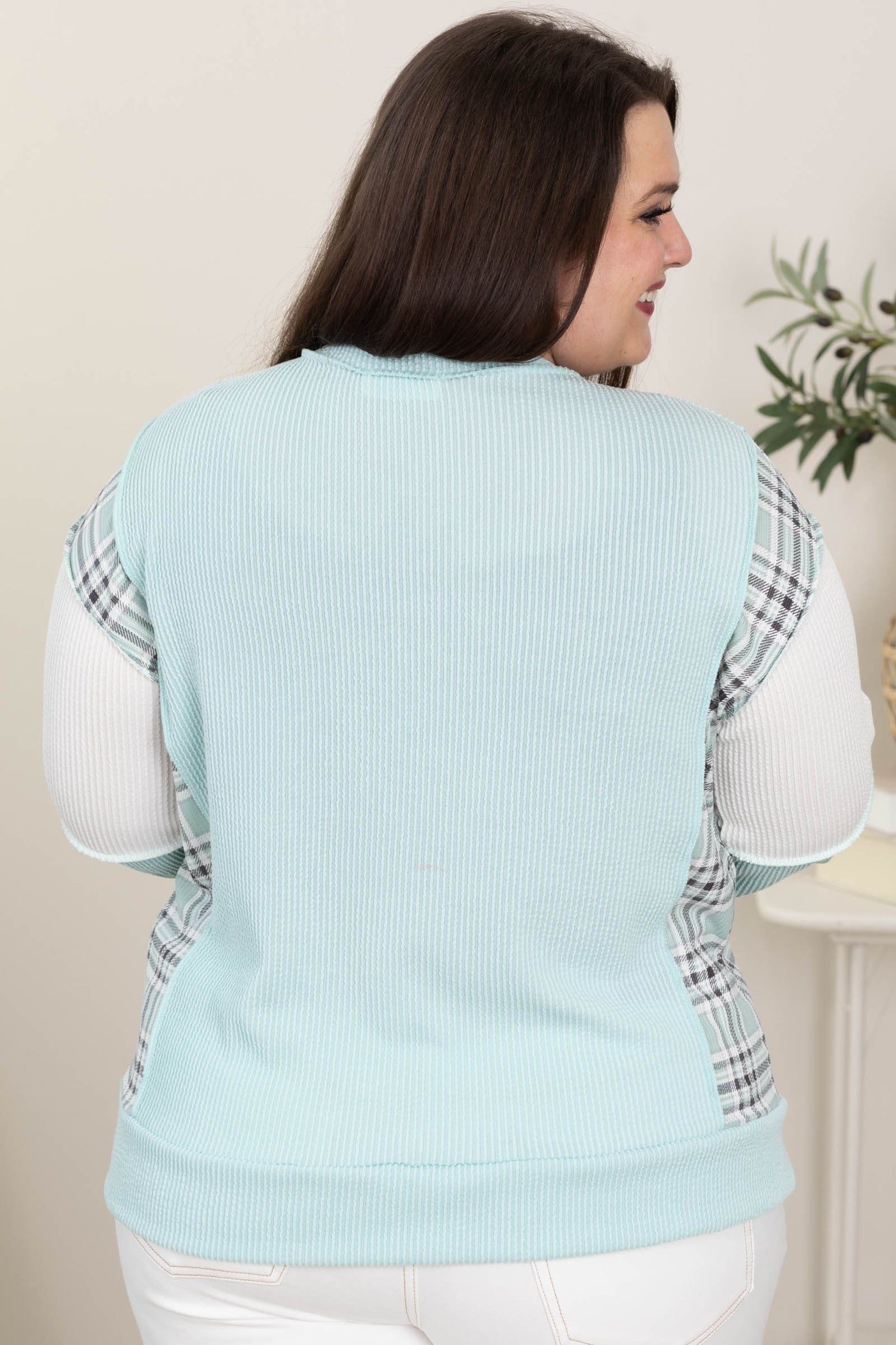 Plaid Detail Knit Ribbed Tops