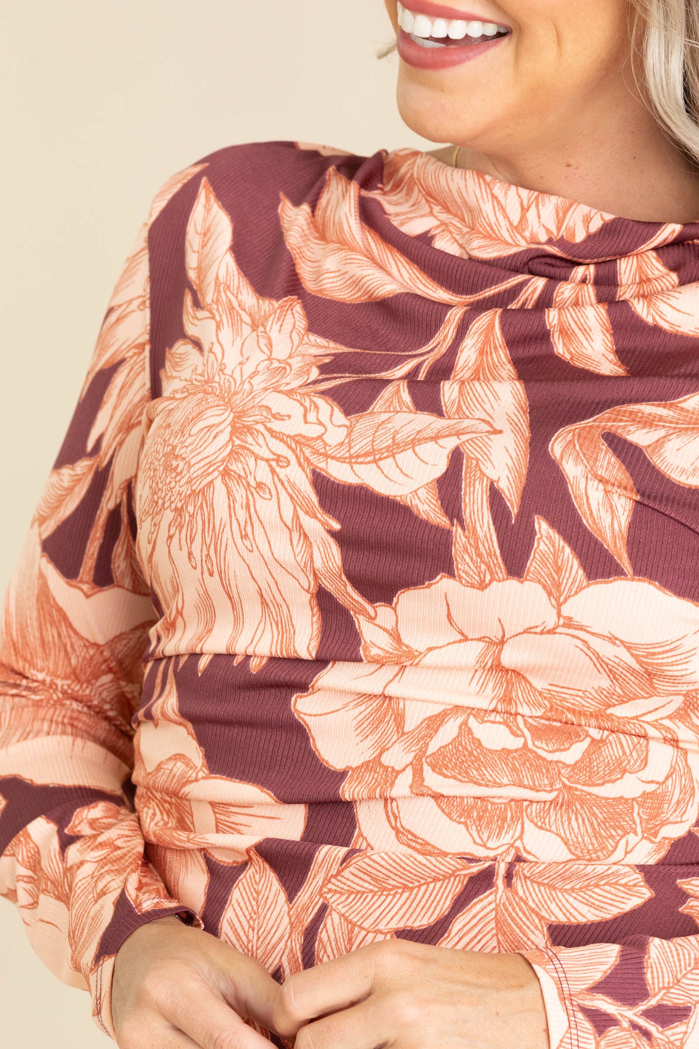 Burgundy Floral Print Cowl Neck Midi Dress Burgundy Floral Print Cowl Neck Midi Dress
