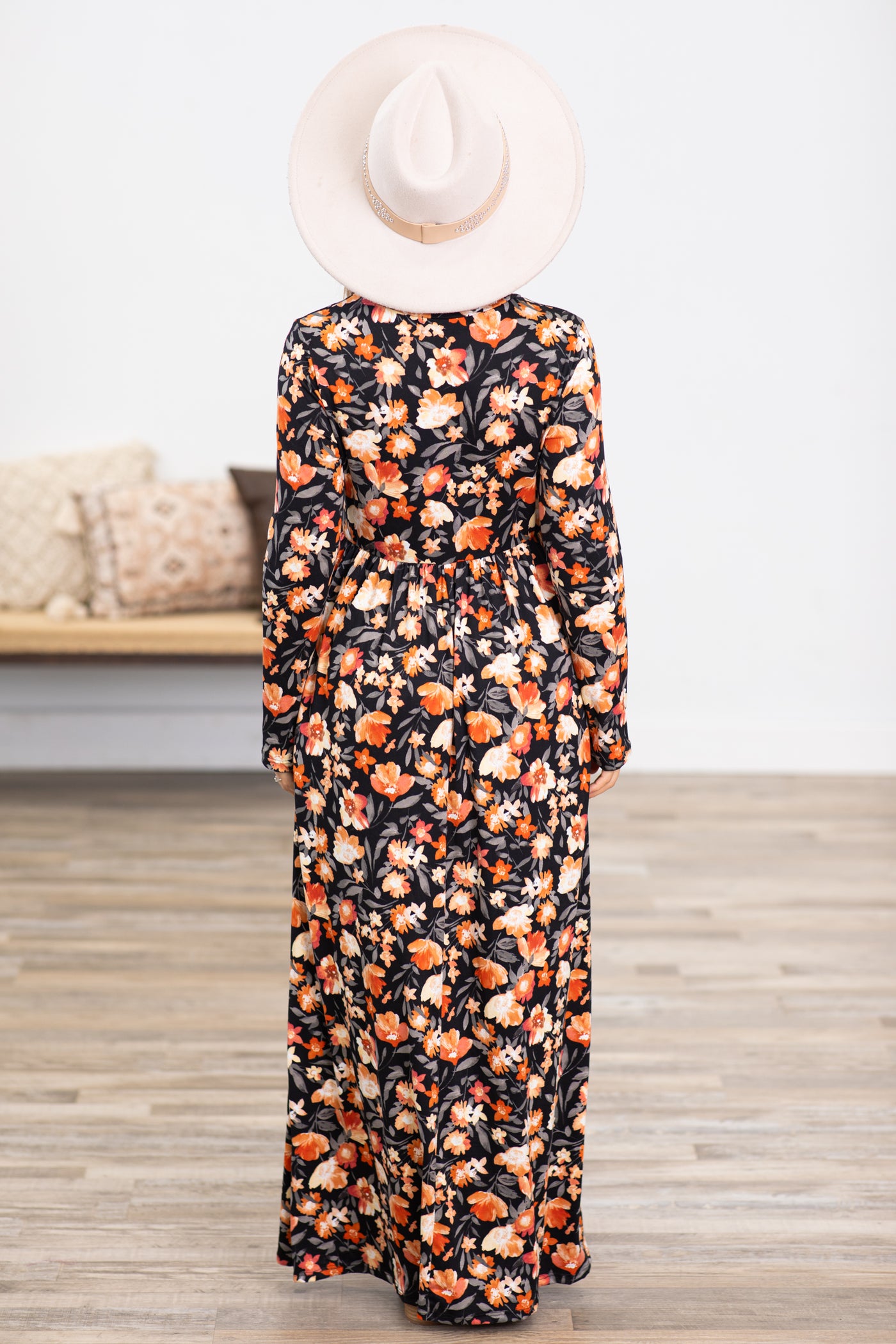 Black and Orange Floral Long Sleeve Maxi Dress