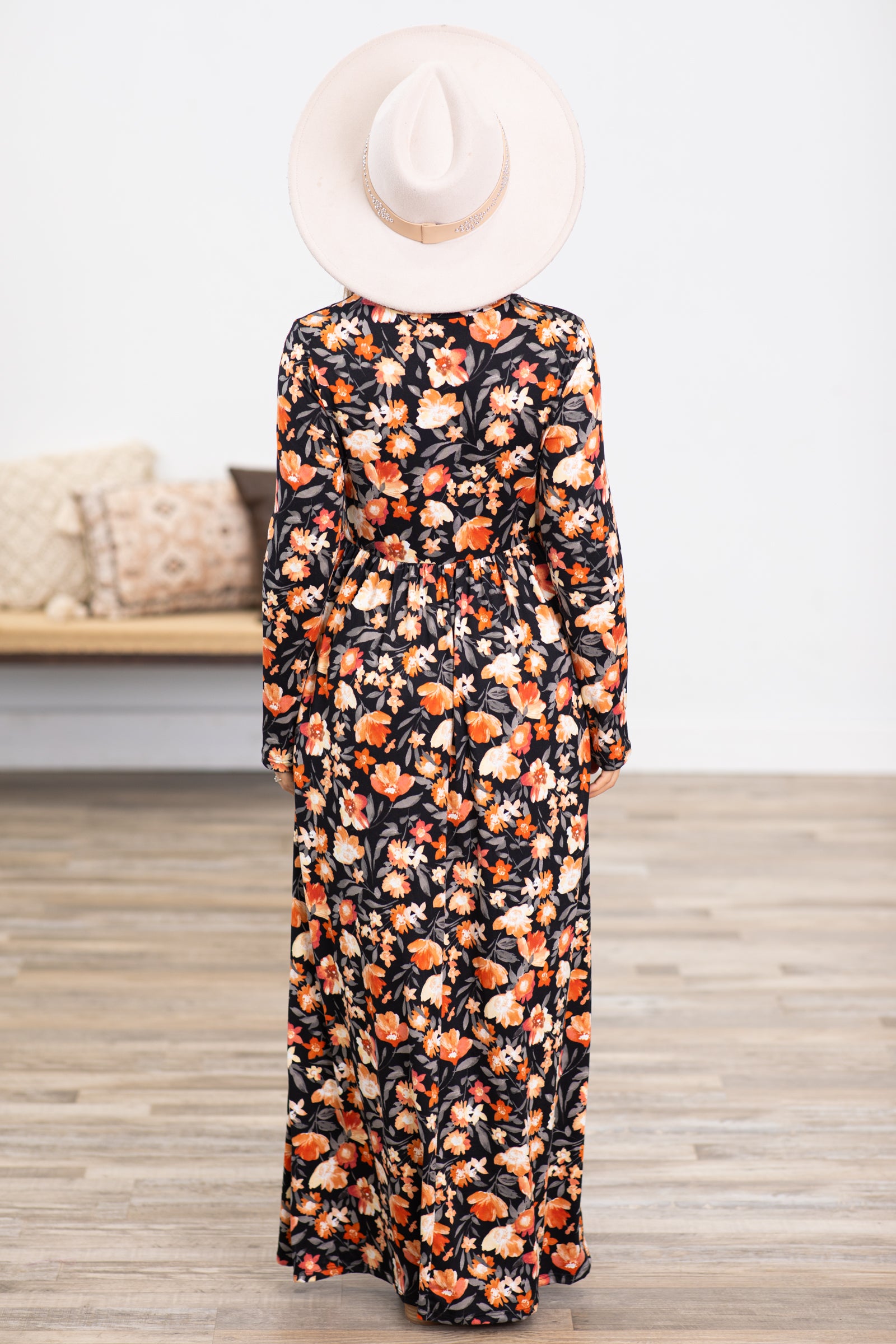 Black and Orange Floral Long Sleeve Maxi Dress · Filly Flair