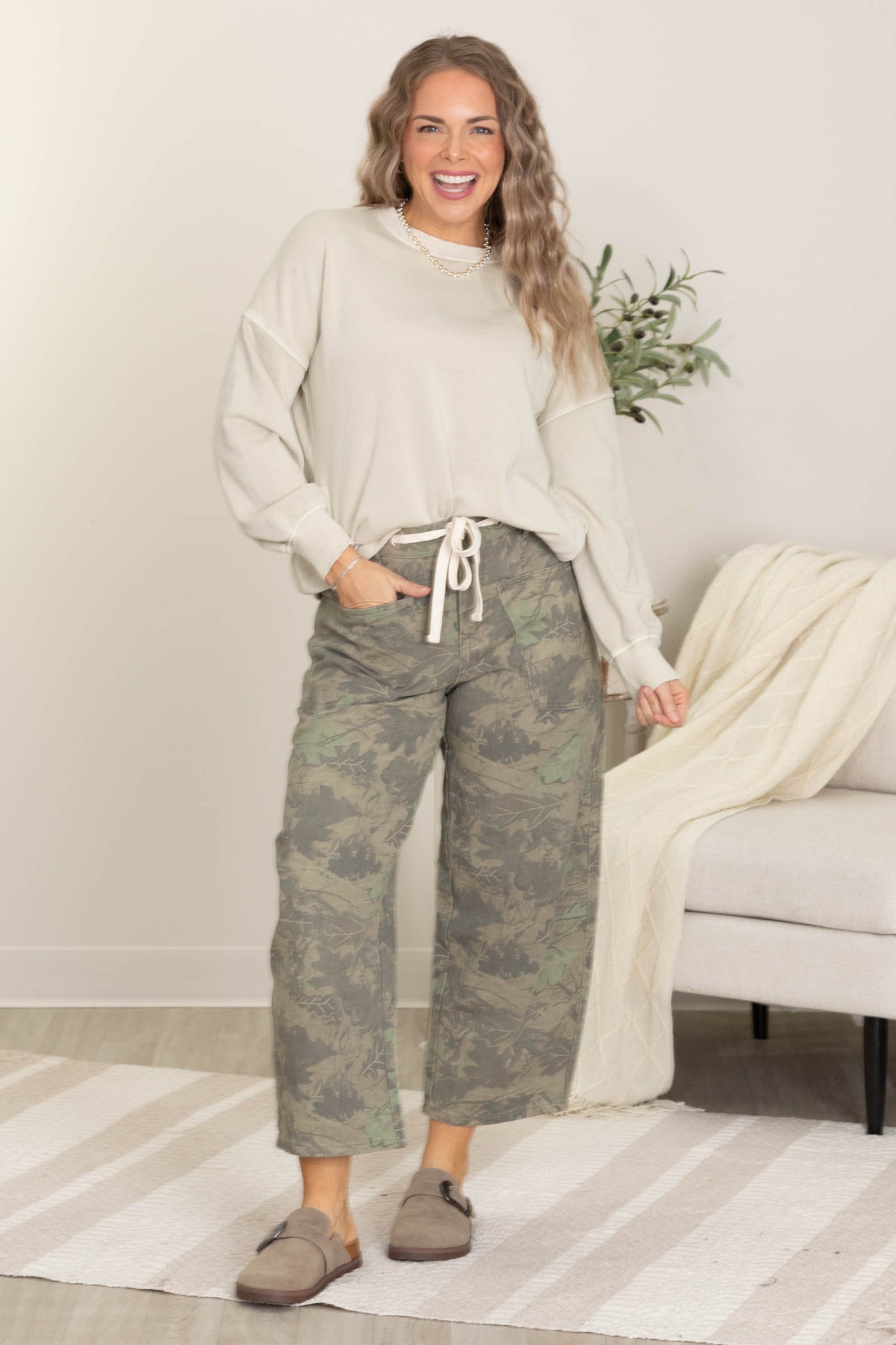 Olive Camo Print Barrel Pants