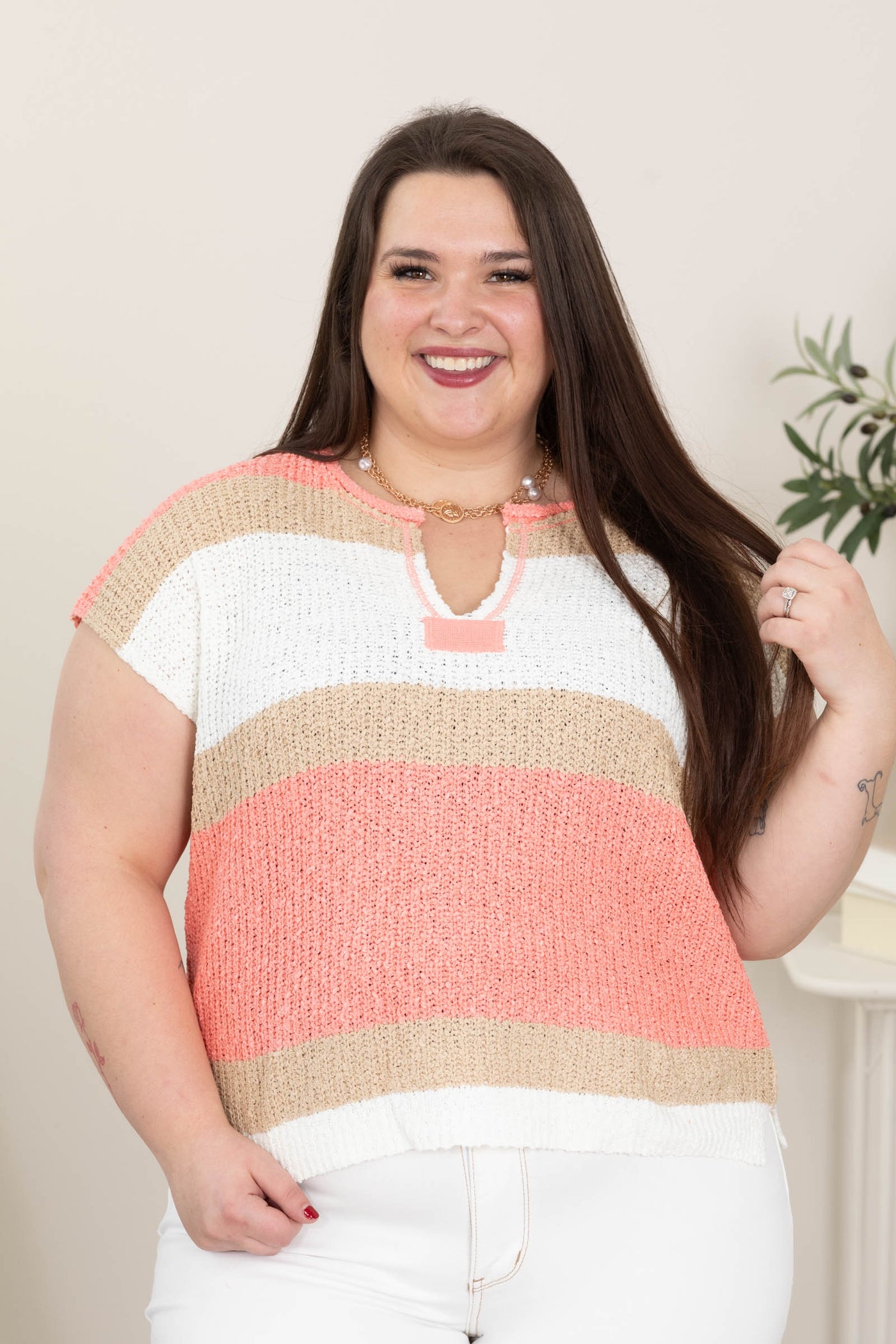 Coral and Mocha Crochet Striped Knit Top