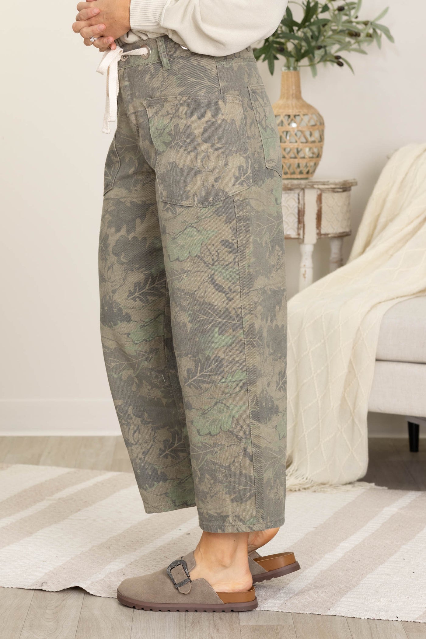 Olive Camo Print Barrel Pants