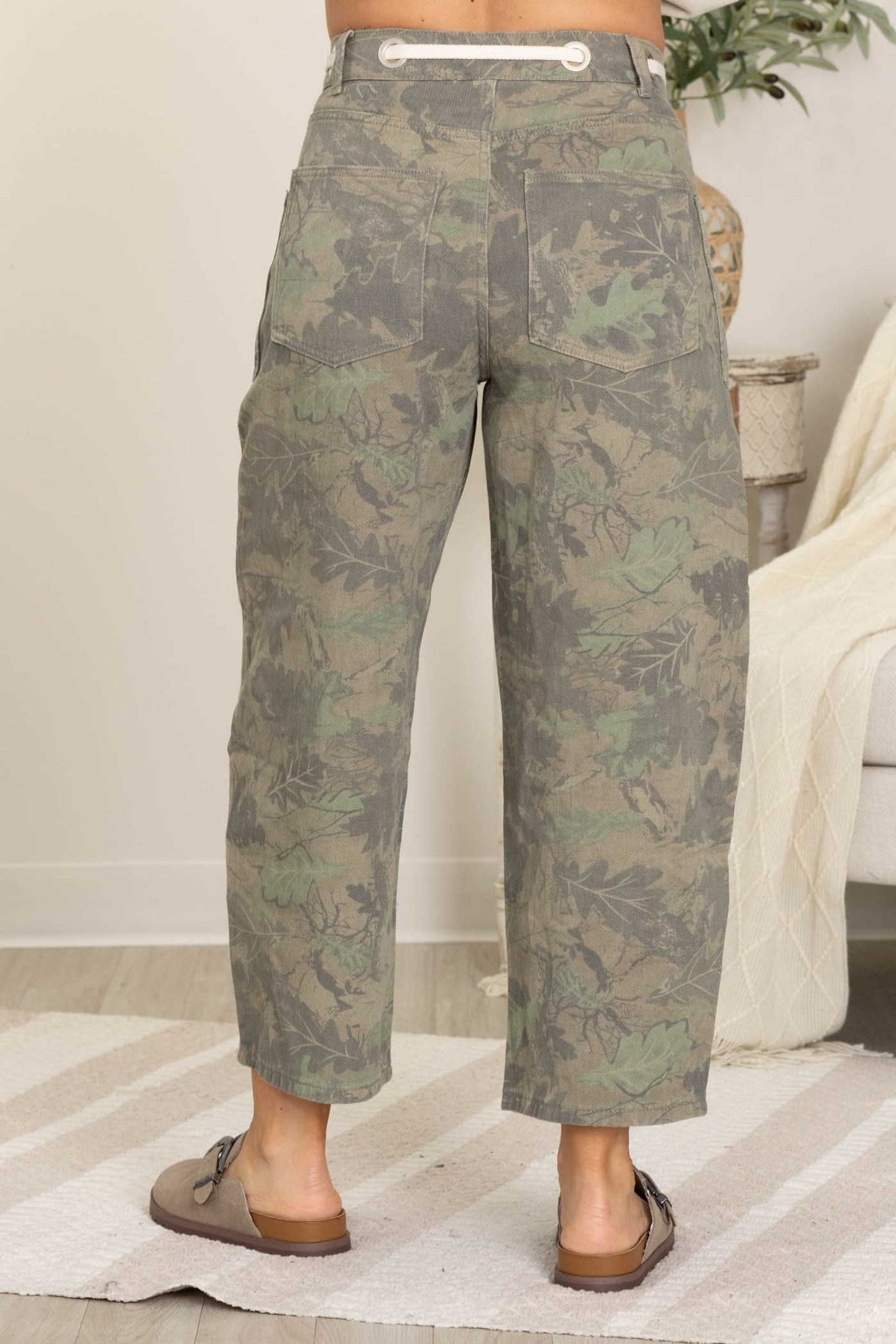 Olive Camo Print Barrel Pants
