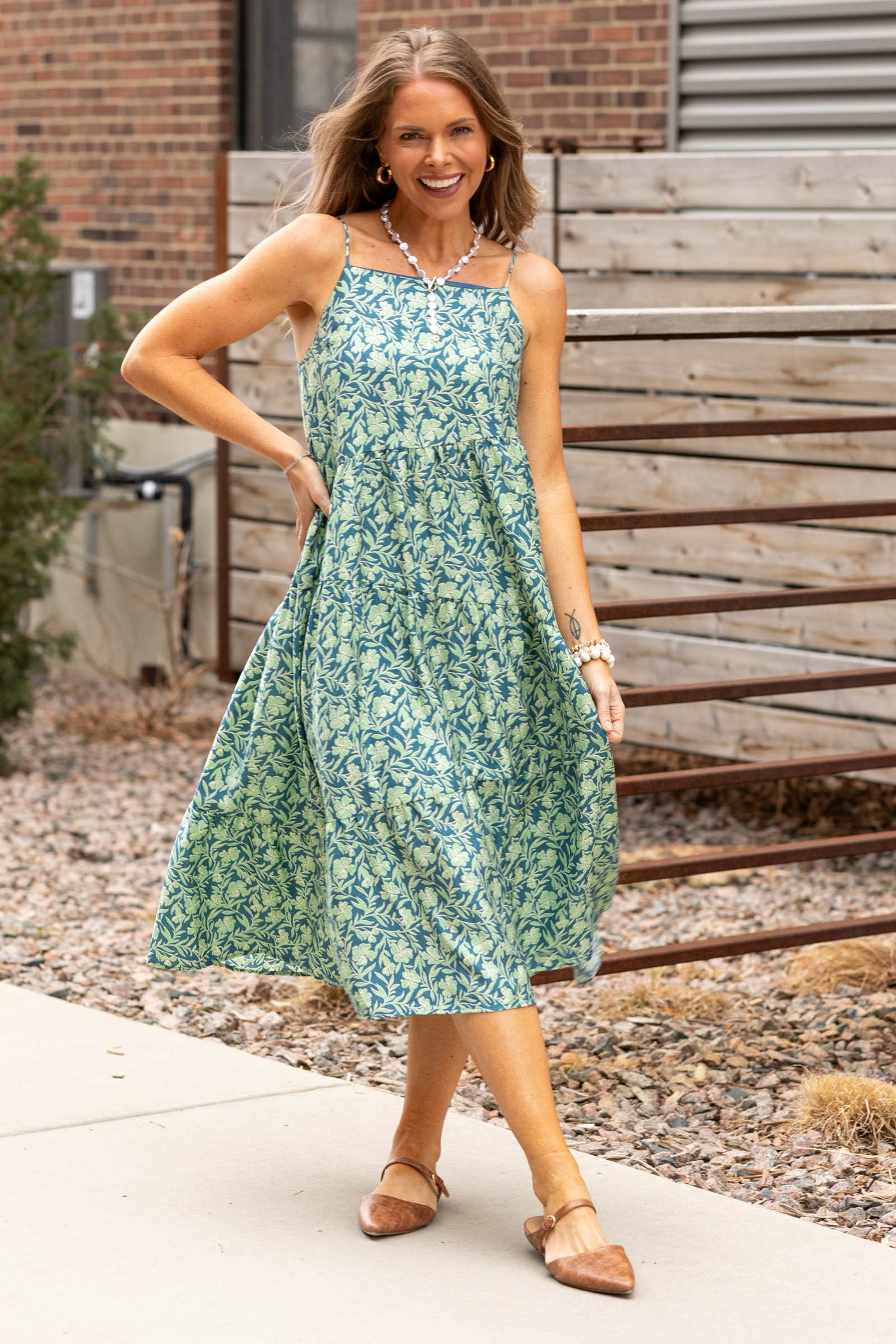 Teal And Sage Printed Tiered Maxi Dress