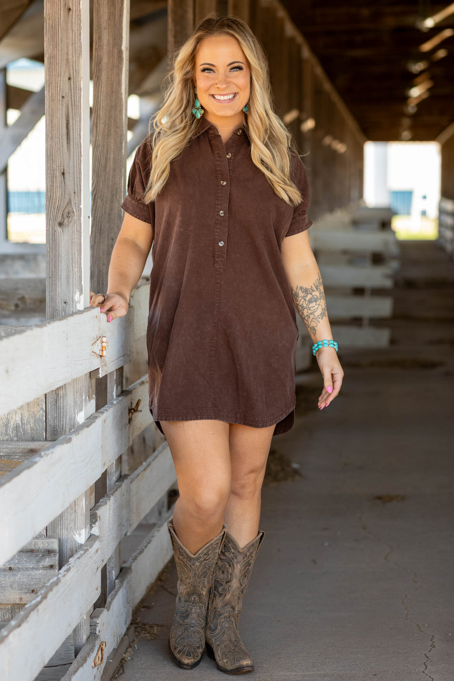 Brown Mineral Washed Shirt Dress