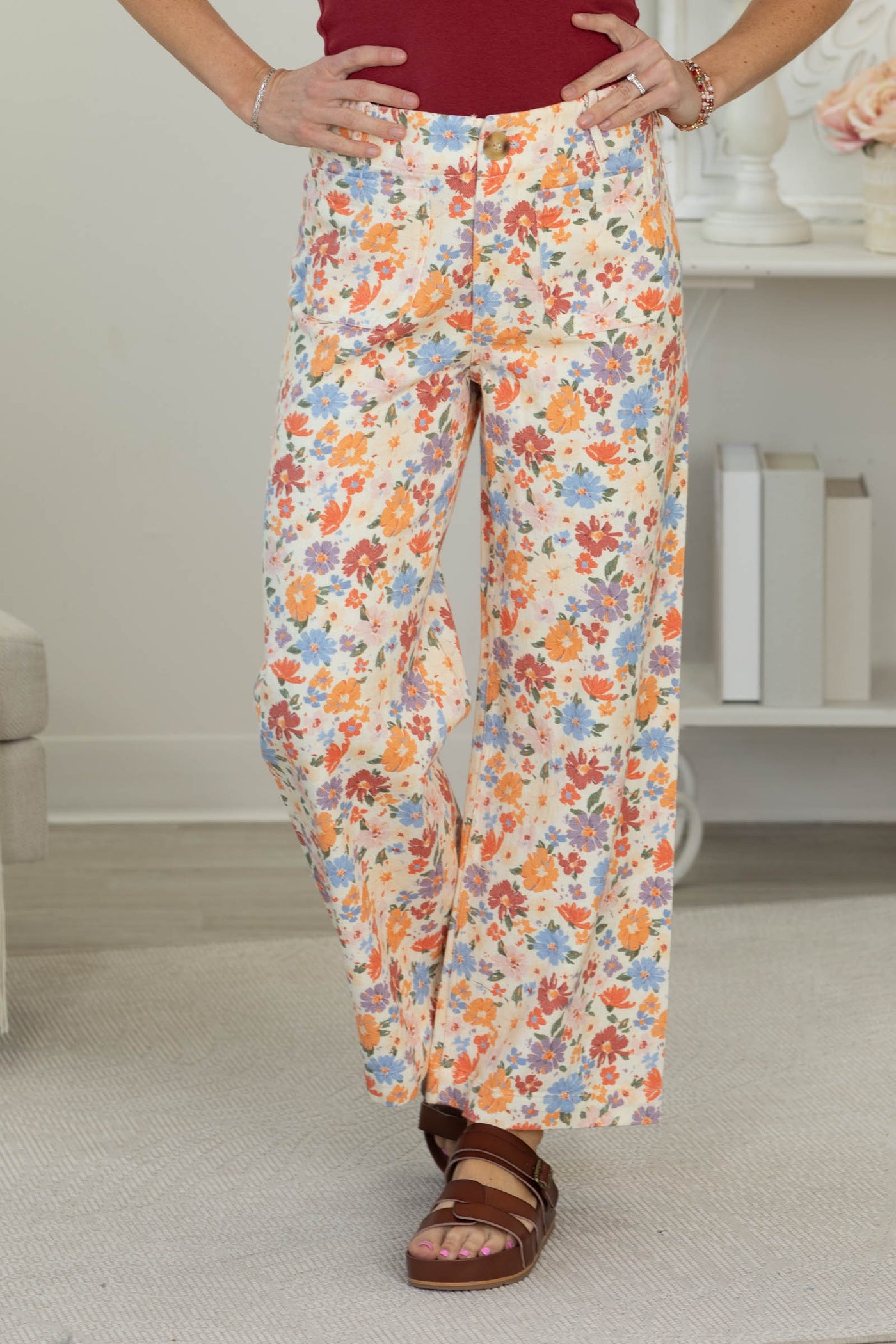 Multicolor Floral Print Straight Leg Pants