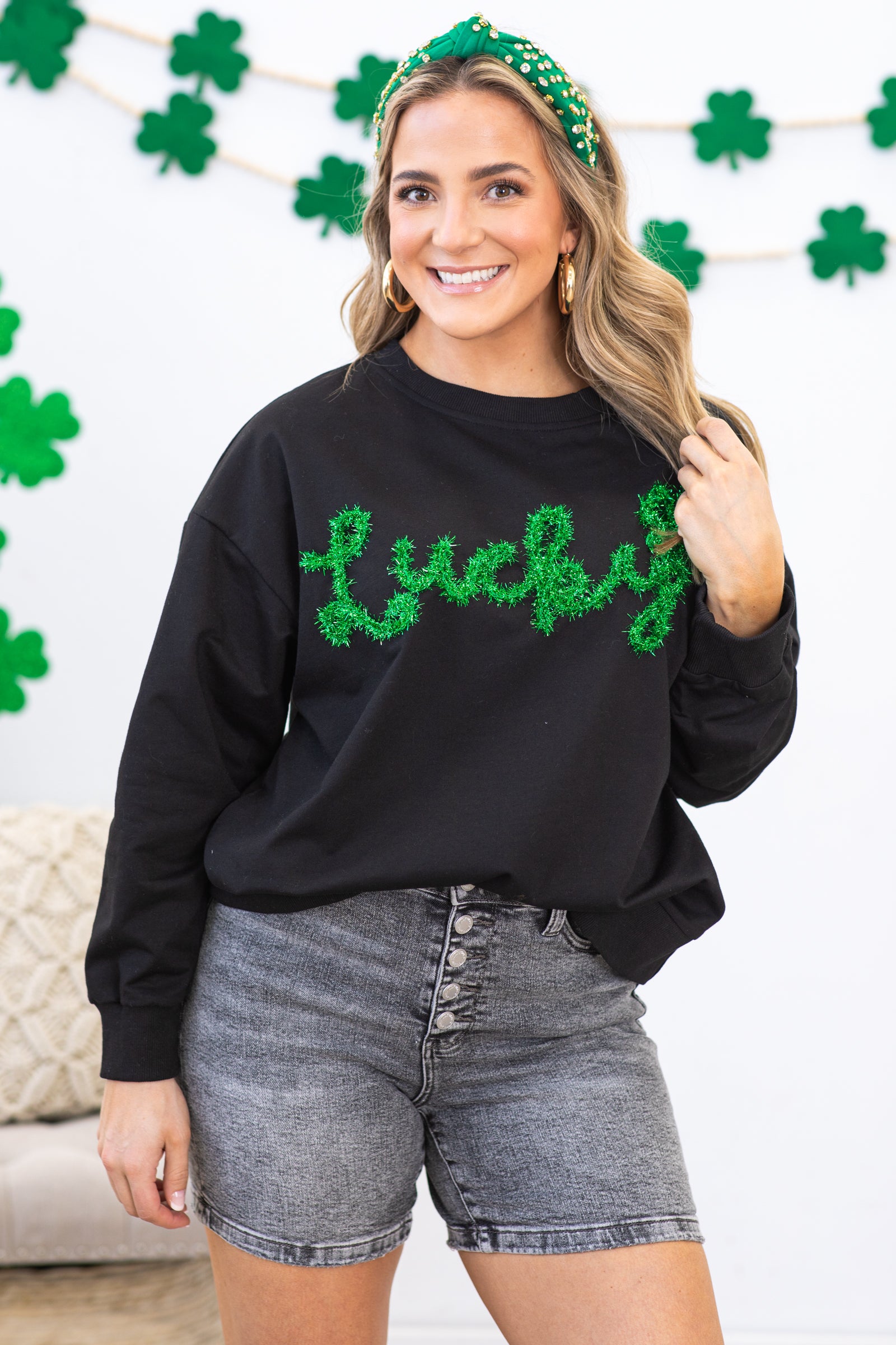 Black Lucky Graphic French Terry Sweatshirt