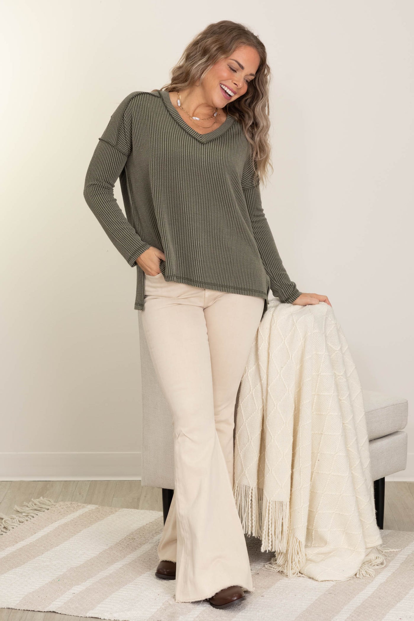 Corded Rib Long Sleeve V-Neck Top
