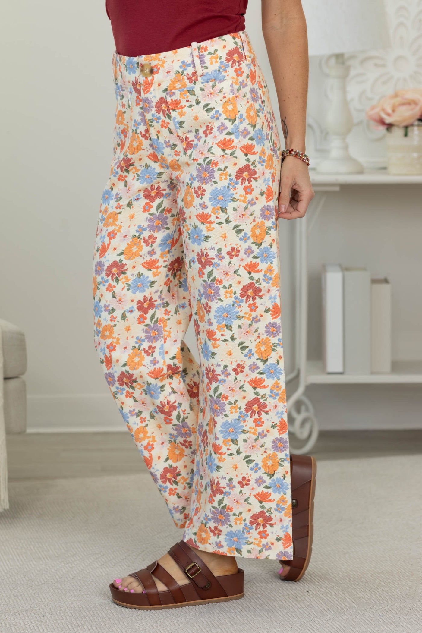 Multicolor Floral Print Straight Leg Pants