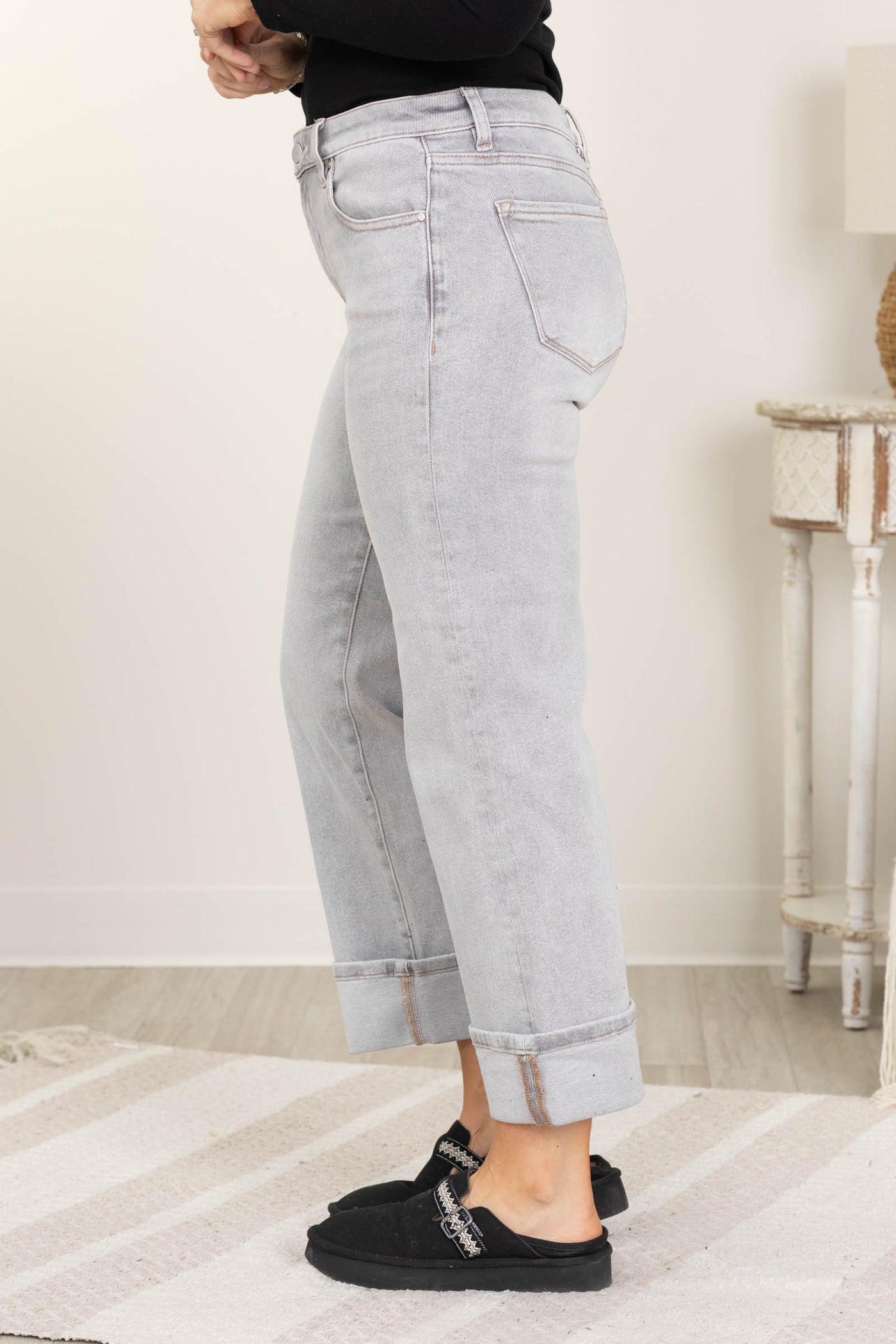 Risen Light Grey Mid Rise Straight Cuff Jeans