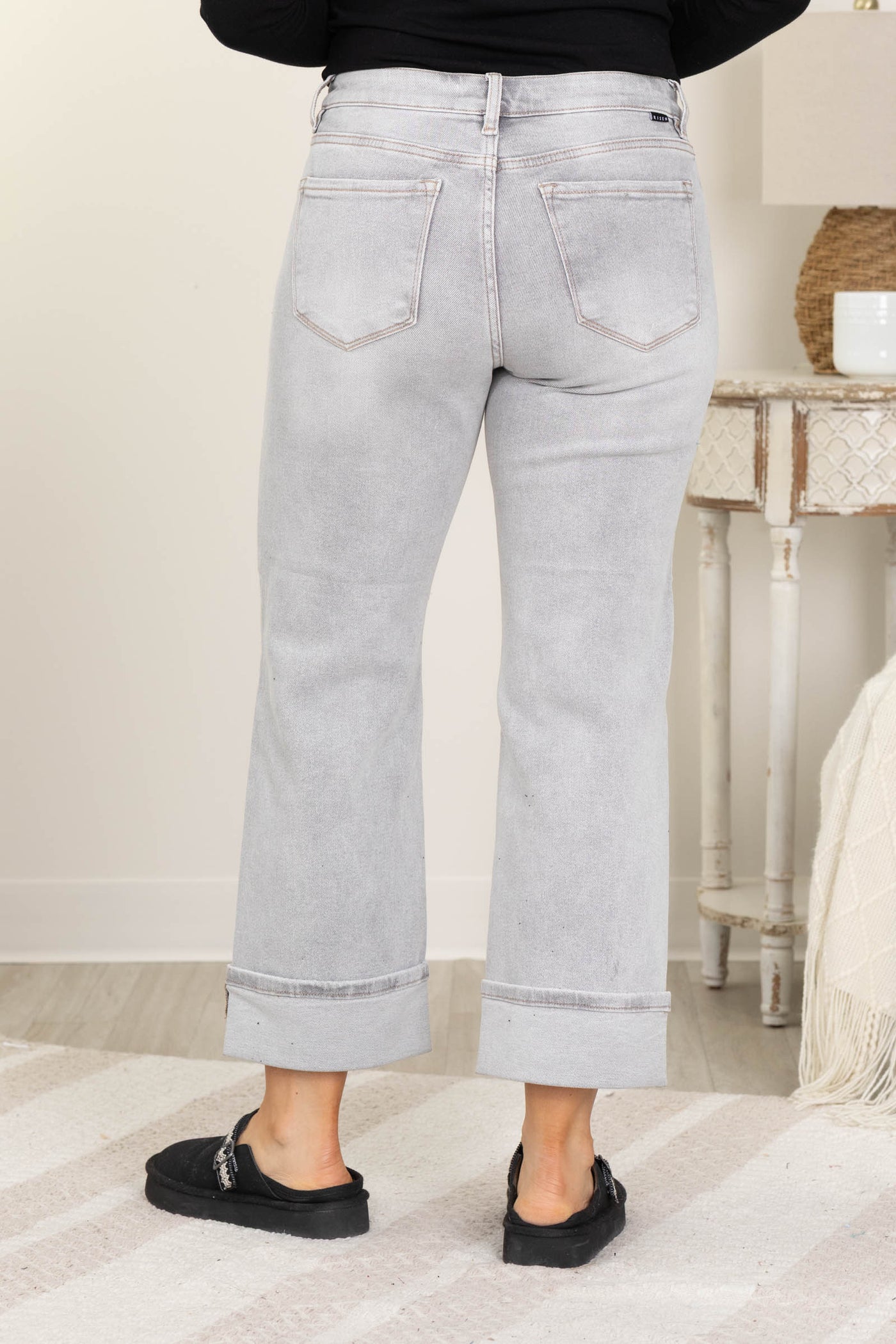 Risen Light Grey Mid Rise Straight Cuff Jeans