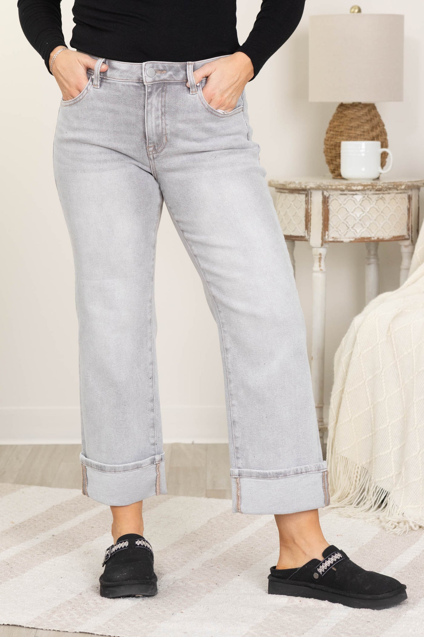 Risen Light Grey Mid Rise Straight Cuff Jeans