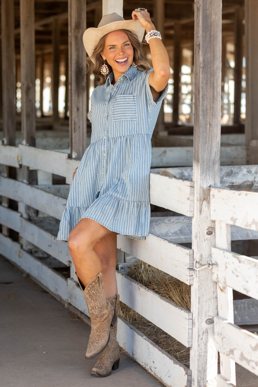 Light Chambray Striped Tiered Dress