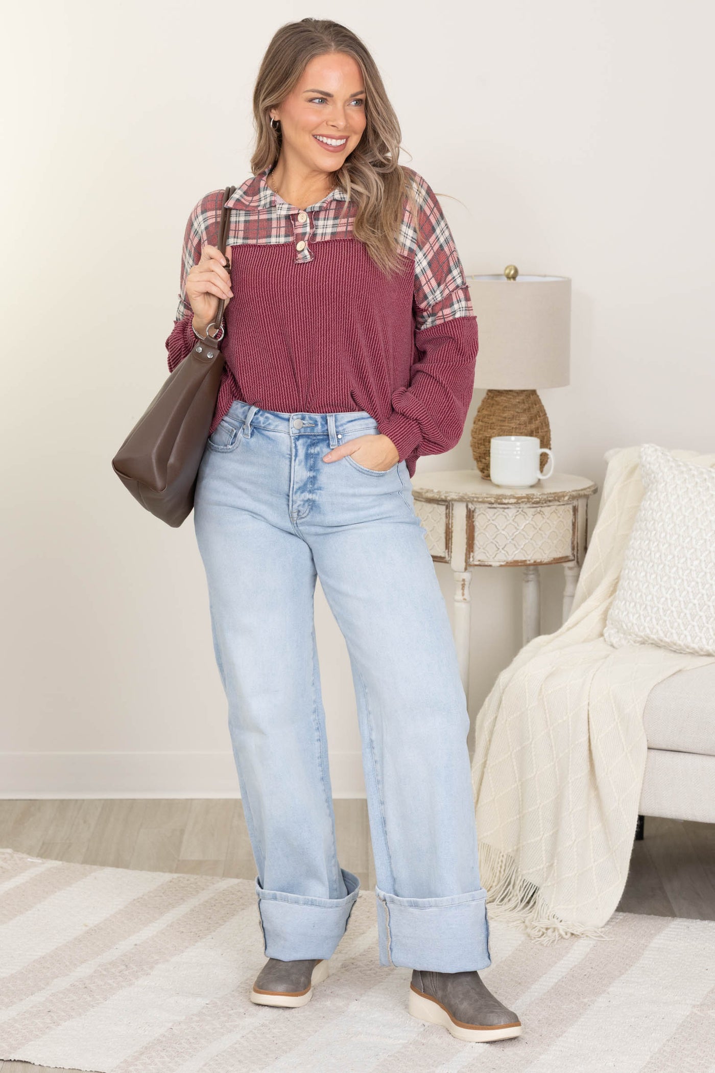 Plaid And Ribbed Knit Long Sleeve Tops