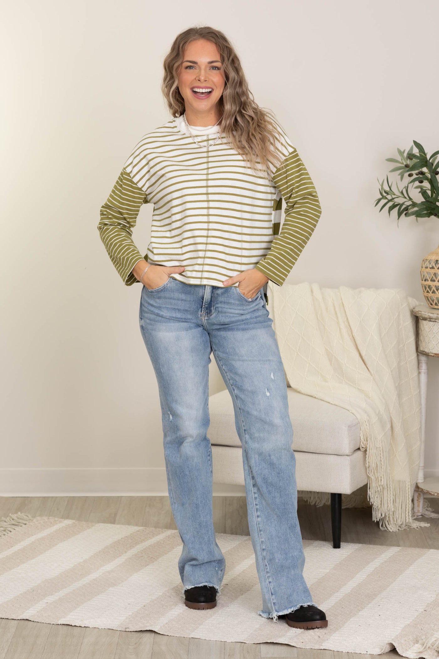 Light Olive Stripe Front Seam Knit Top