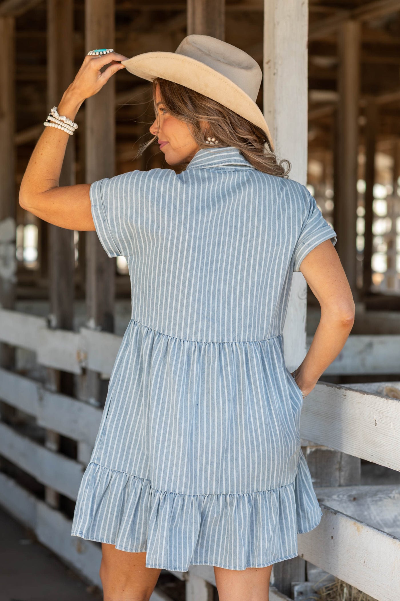 Light Chambray Striped Tiered Dress