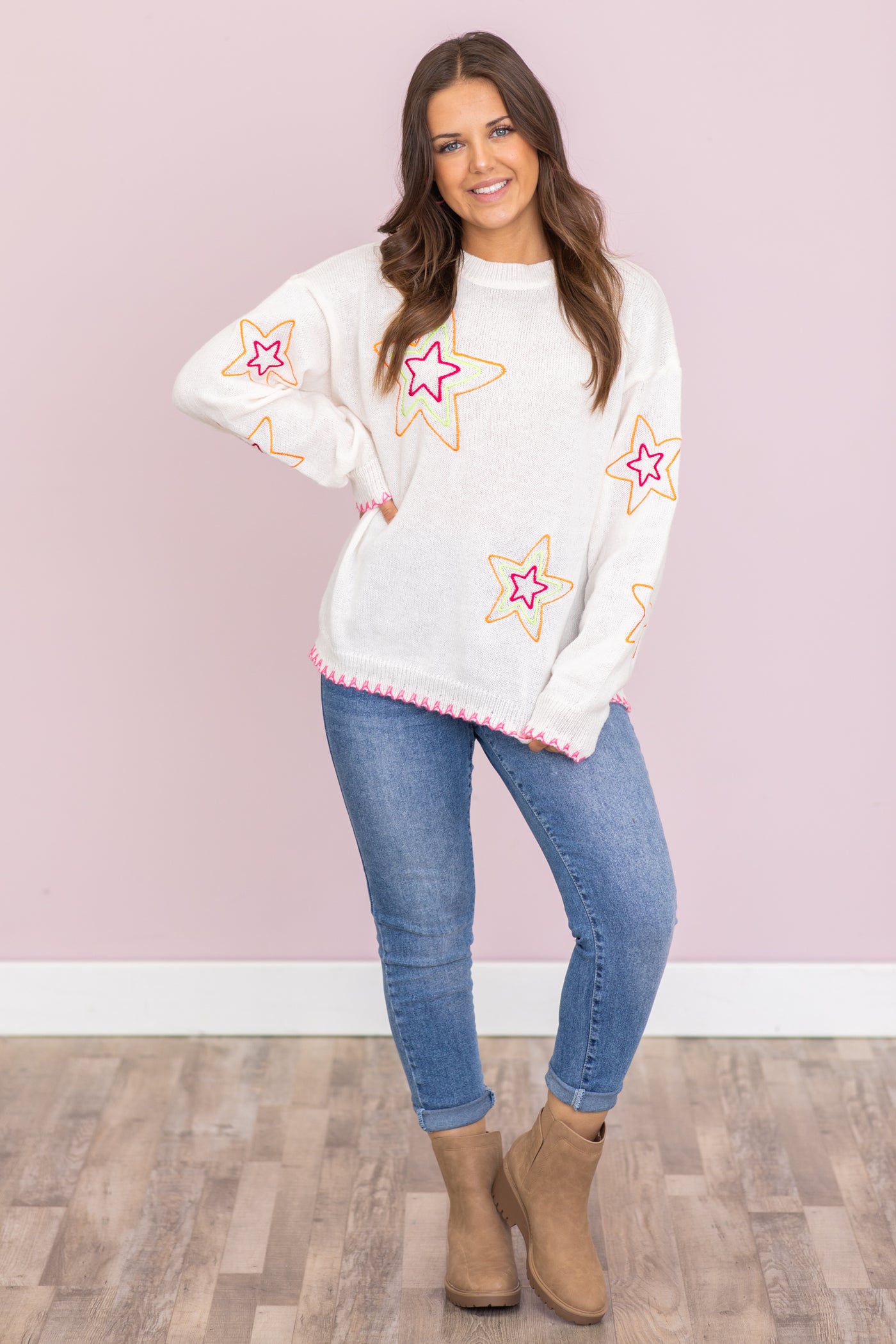 Ivory Sweater With Neon Star Embroidery