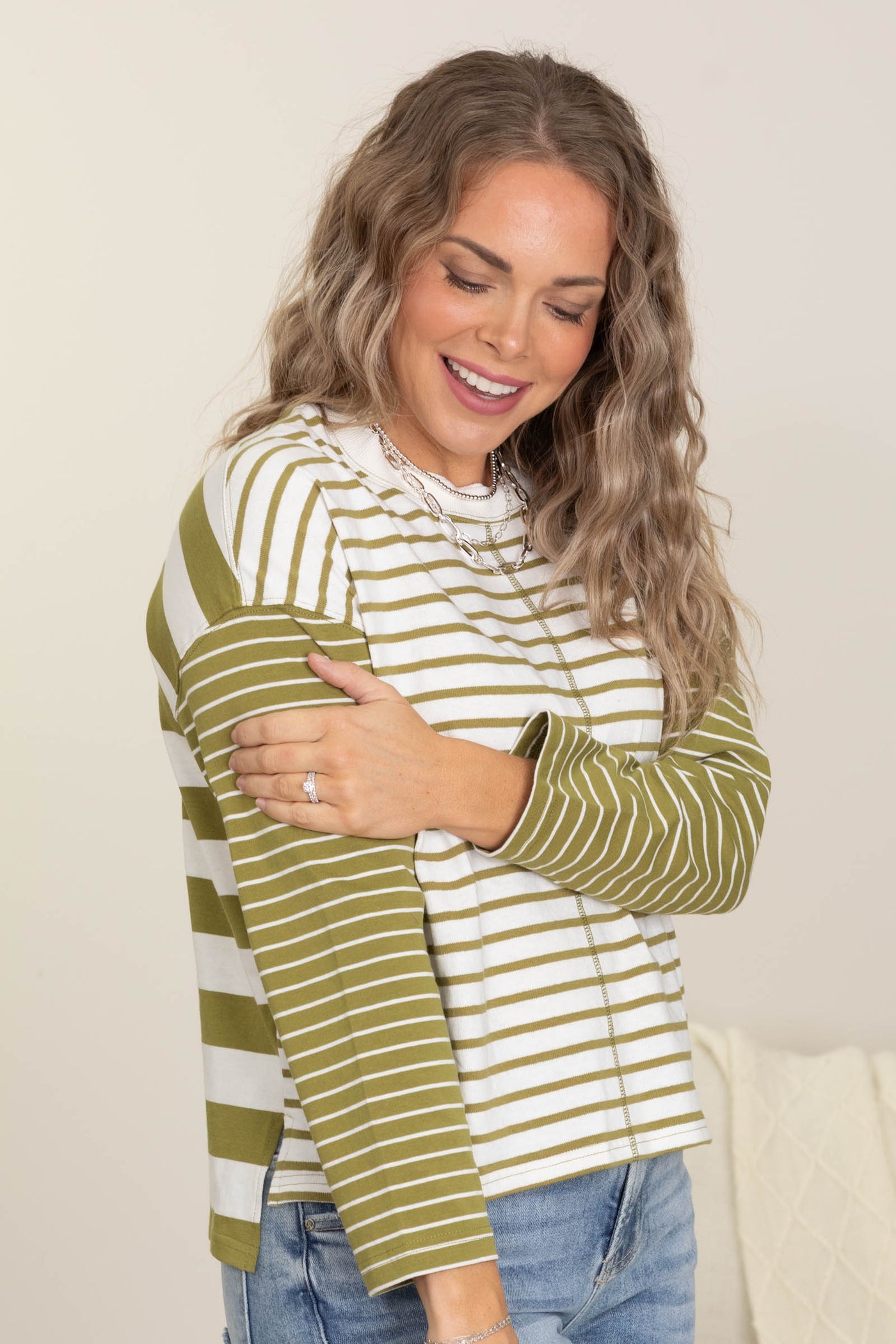 Light Olive Stripe Front Seam Knit Top