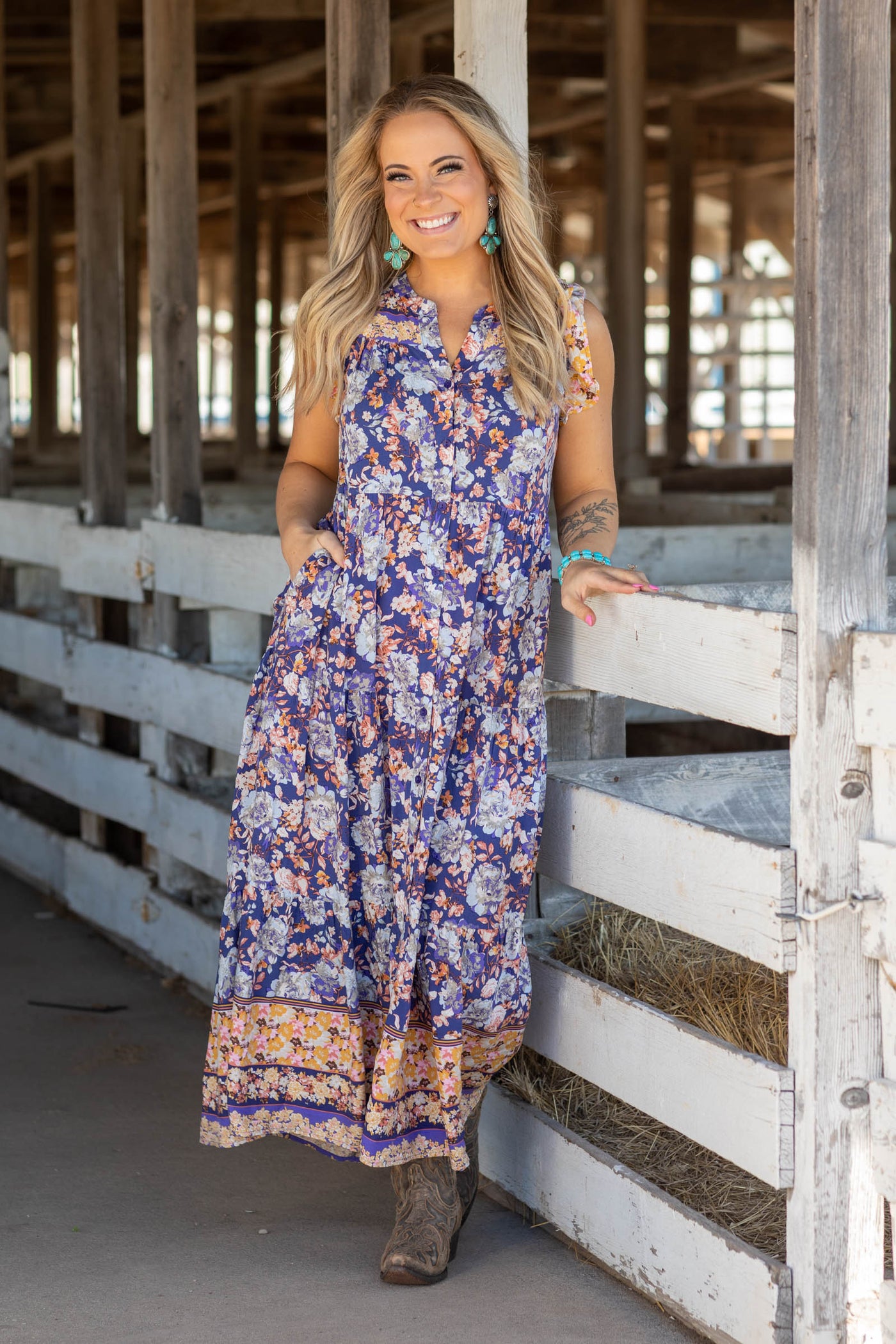 Blueberry Flower Print Woven Maxi Dress · Filly Flair
