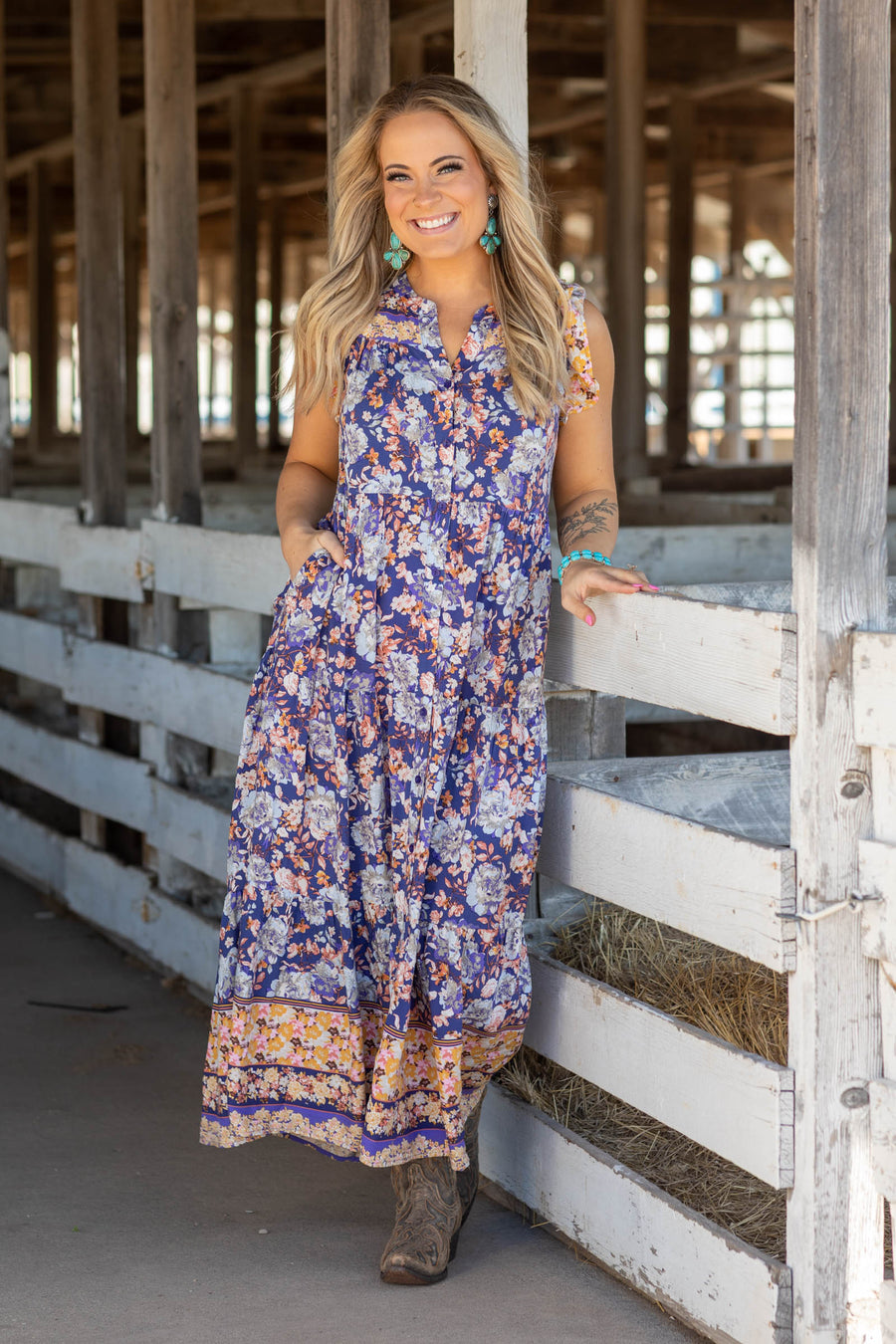 Blueberry Flower Print Woven Maxi Dress