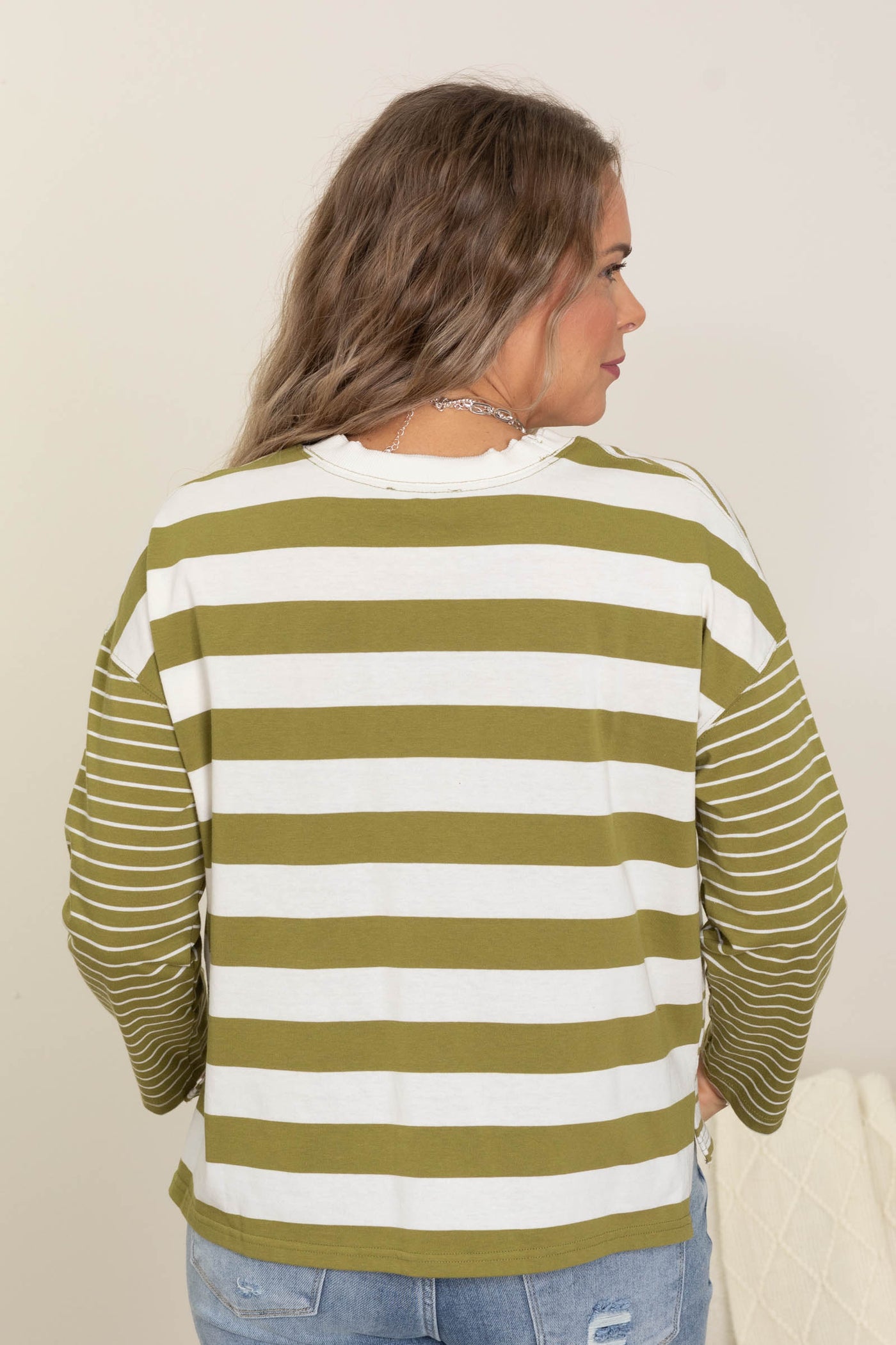 Light Olive Stripe Front Seam Knit Top