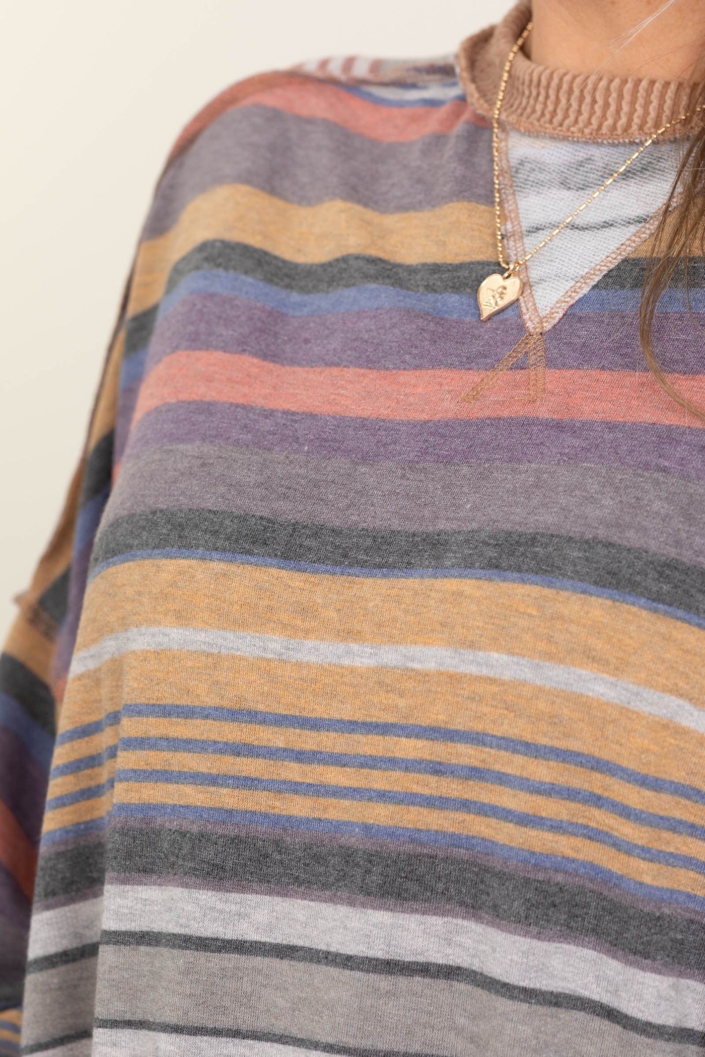 Grey Crewneck Stripe Print Pullover Knit Top