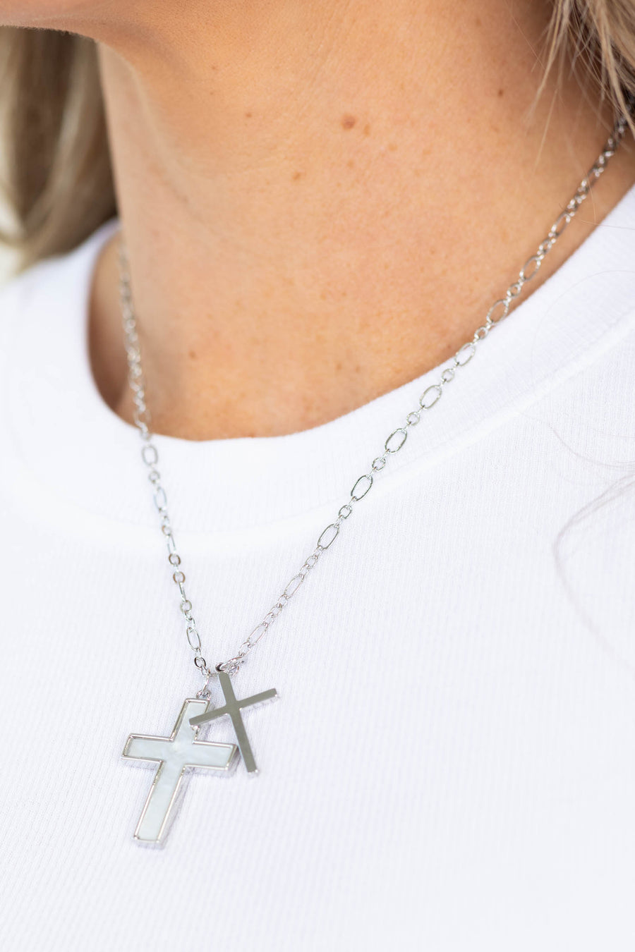 Double Tiny Cross Silver Necklace