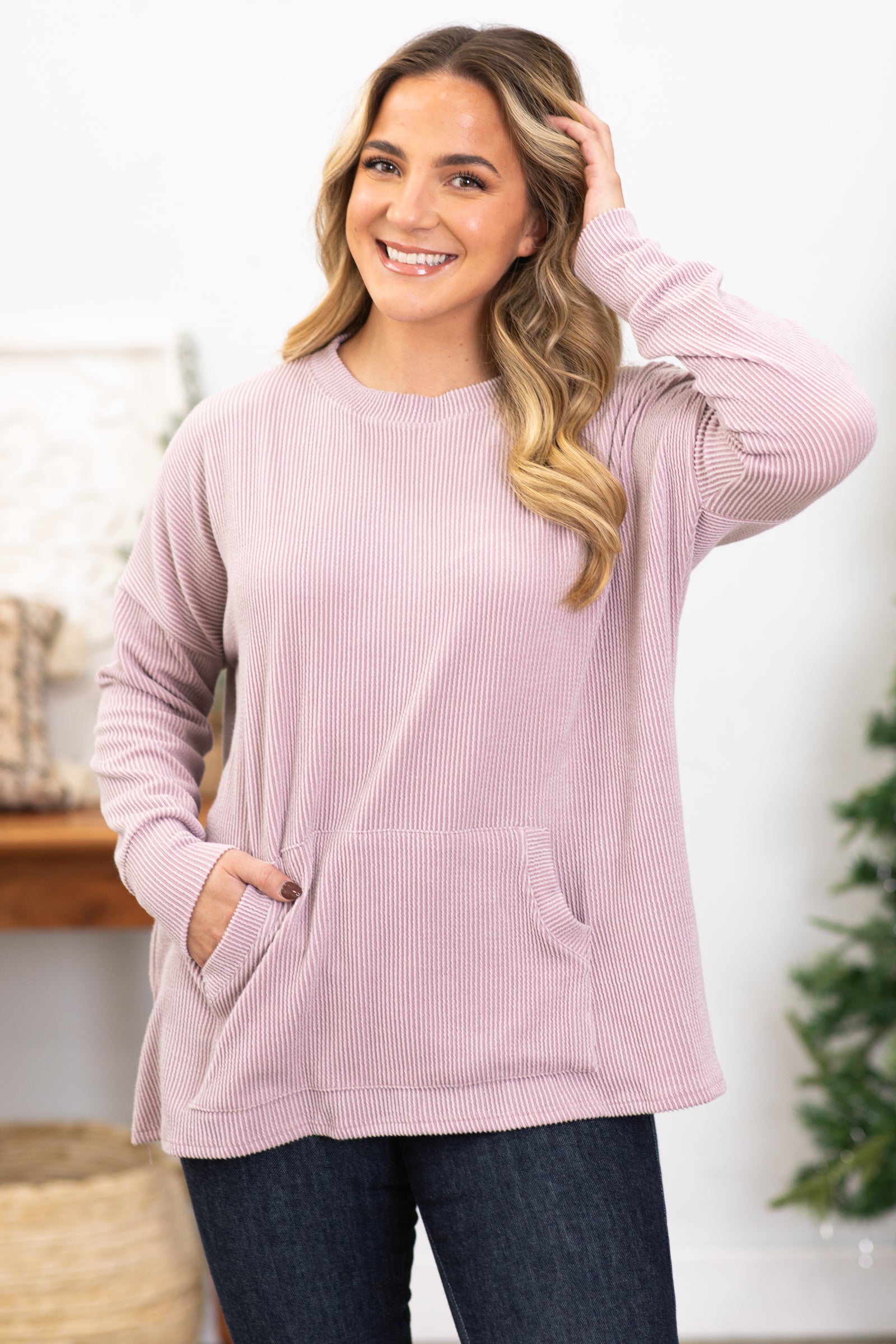 Dusty Rose Ribbed Round Neck Top