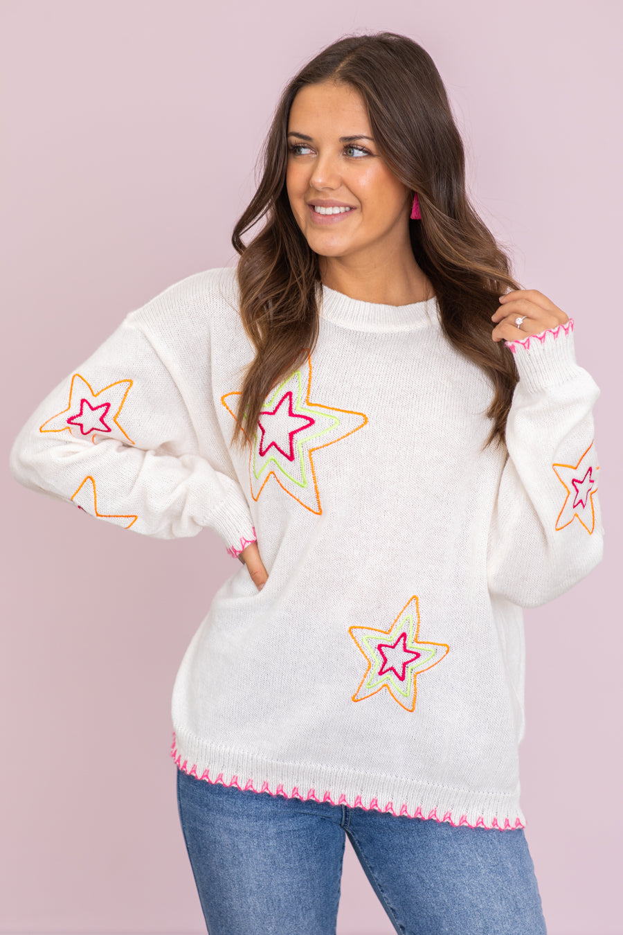 Ivory Sweater With Neon Star Embroidery
