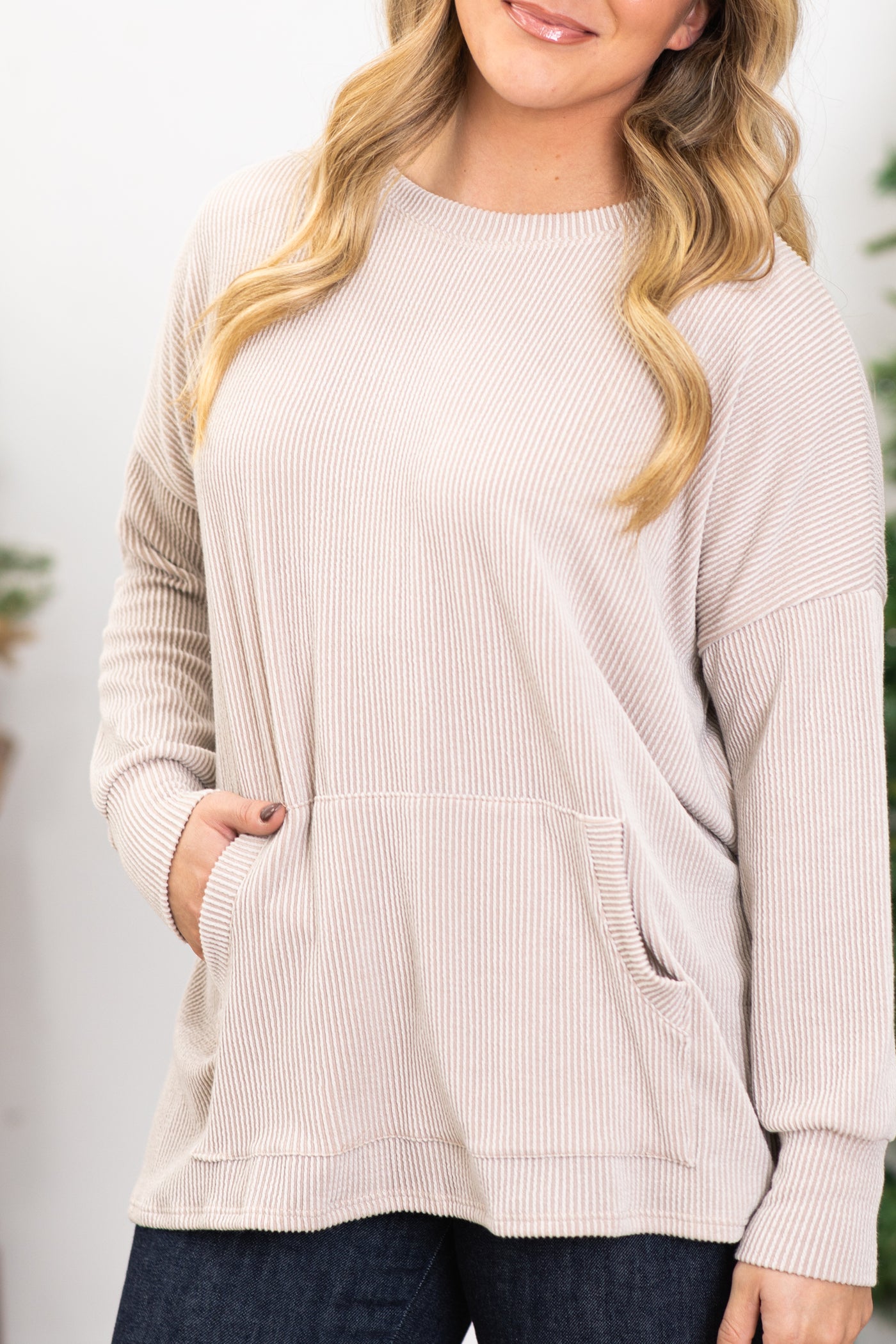 Tan Ribbed Round Neck Top