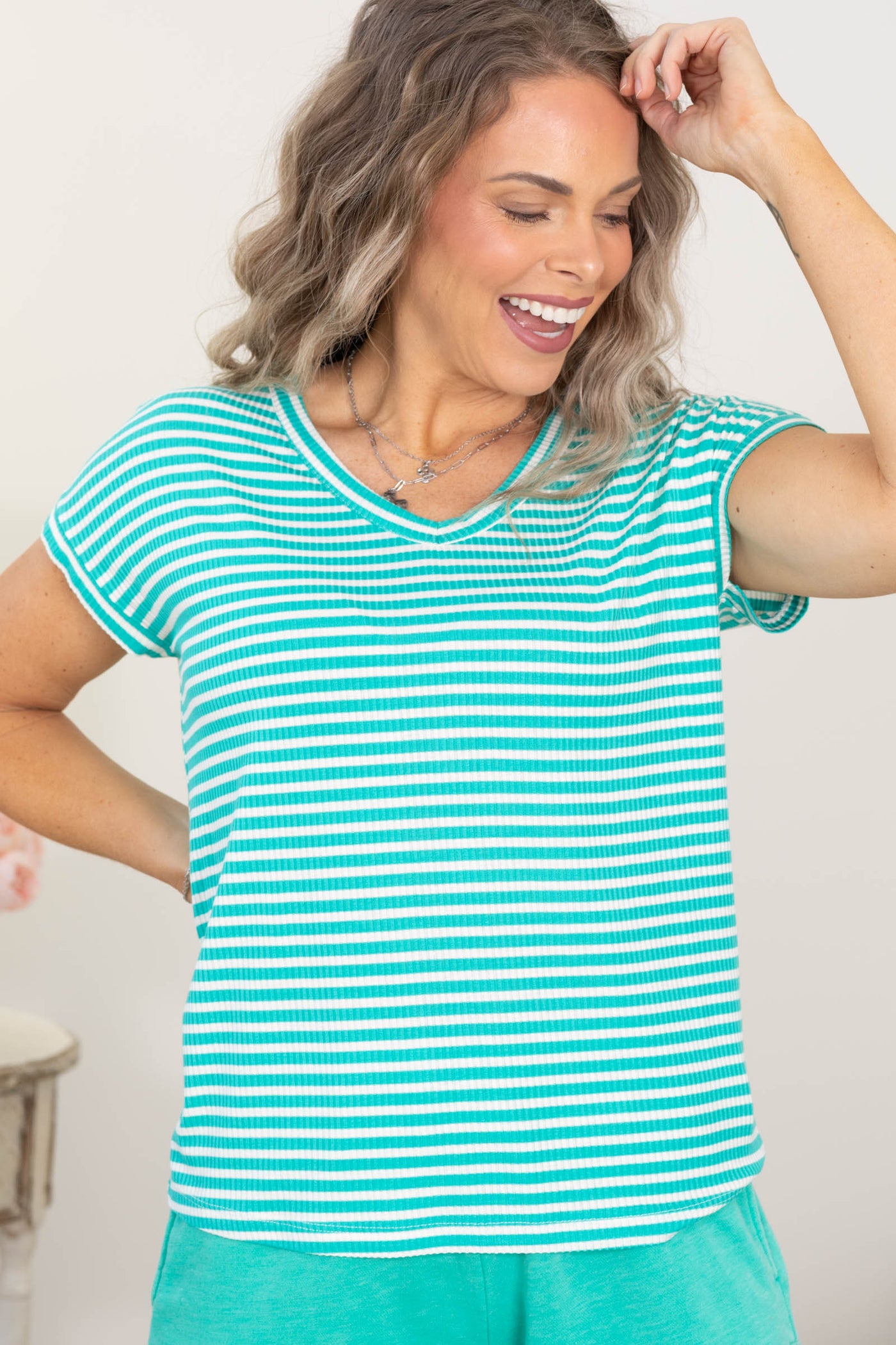 V-Neck Line Stripe Rib Knit Tops