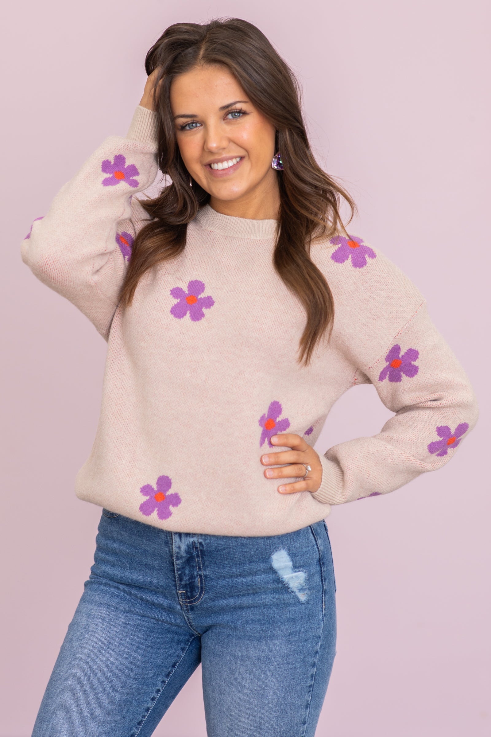 Beige and Purple Flowers Intarsia Sweaters