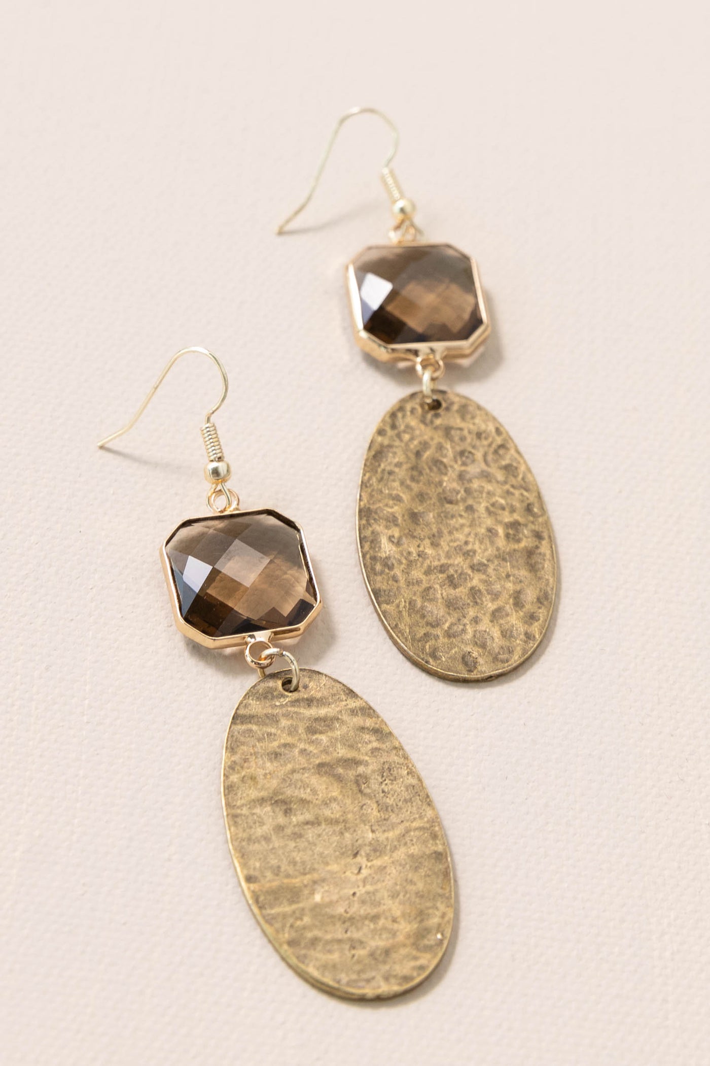 Bronze Textured Metal Oval Crystal Earrings