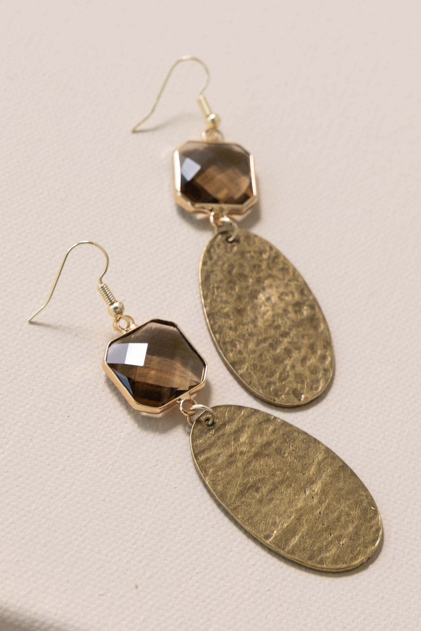 Bronze Textured Metal Oval Crystal Earrings
