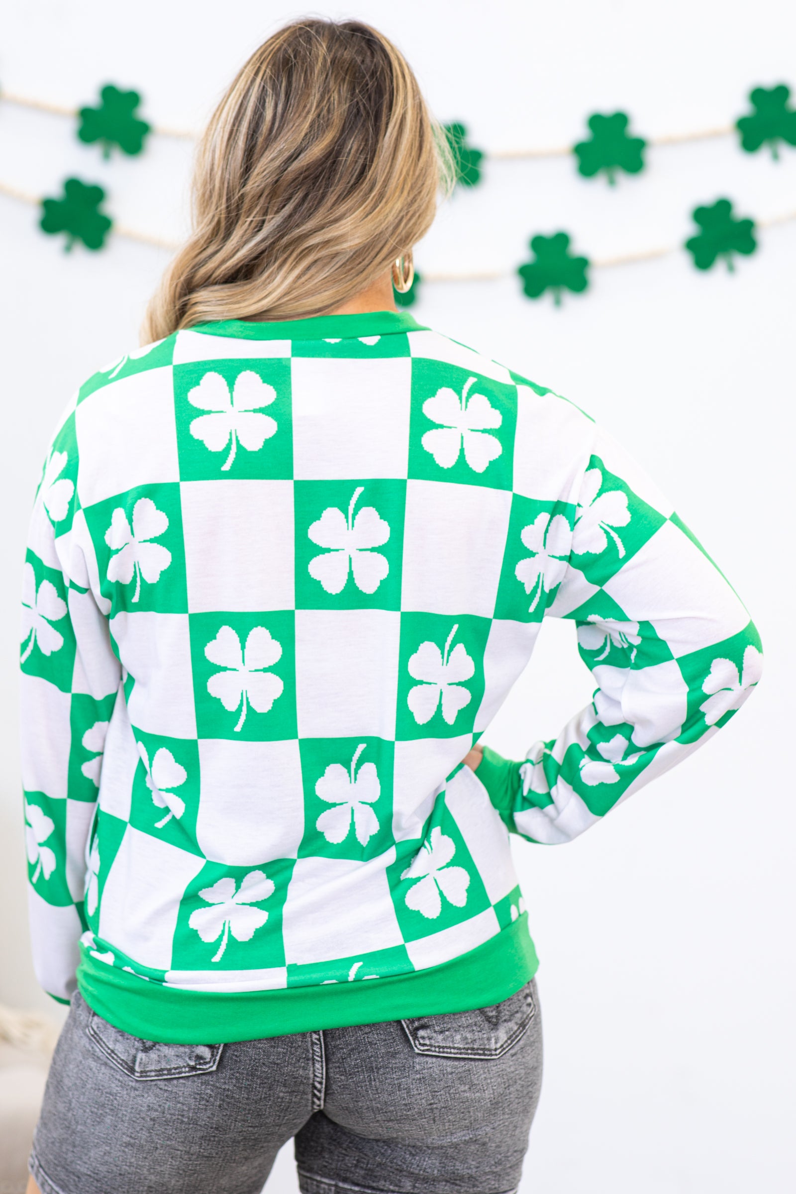 Jade and Off White Clover Checkerboard Top