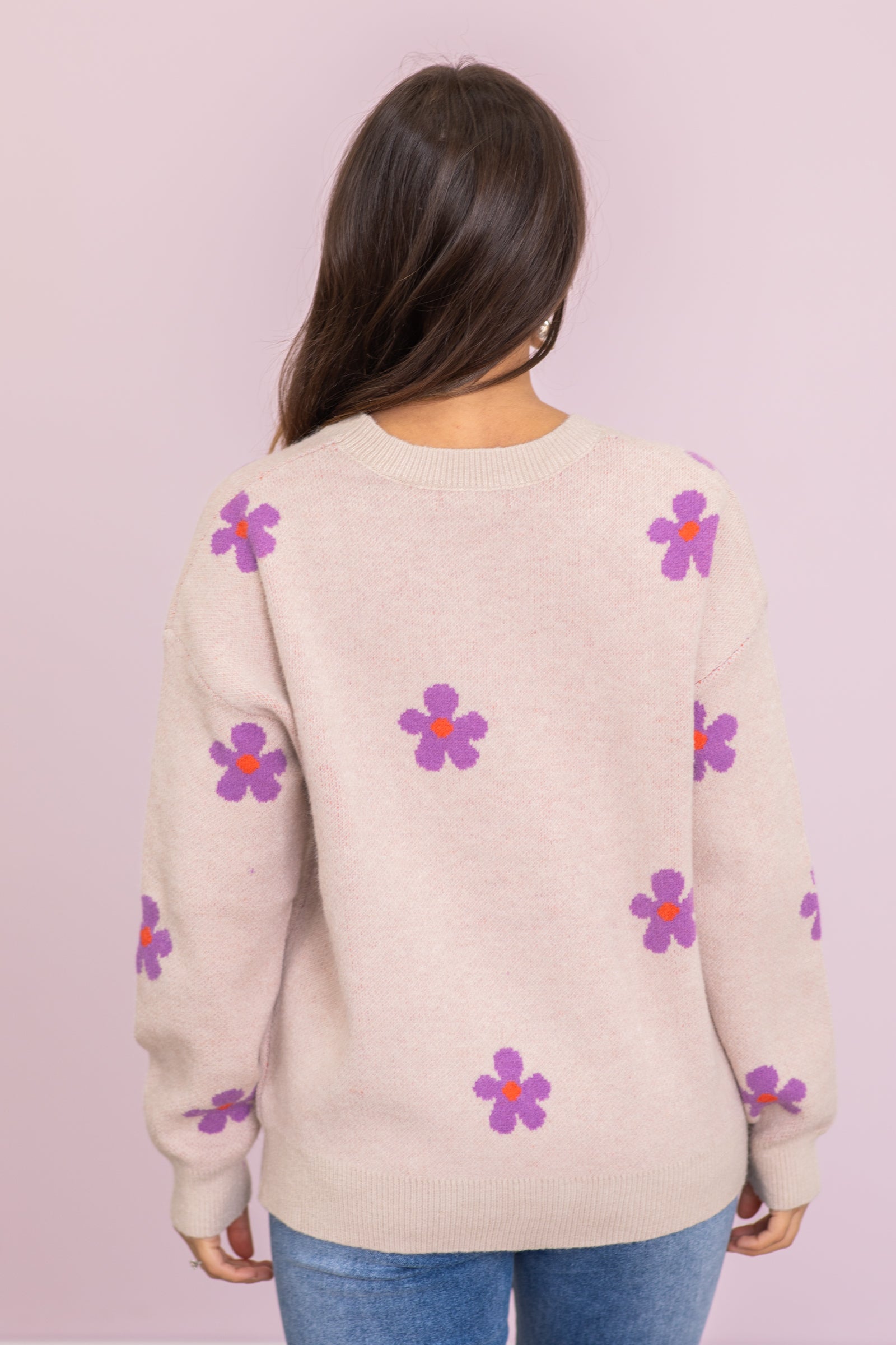 Beige and Purple Flowers Intarsia Sweaters