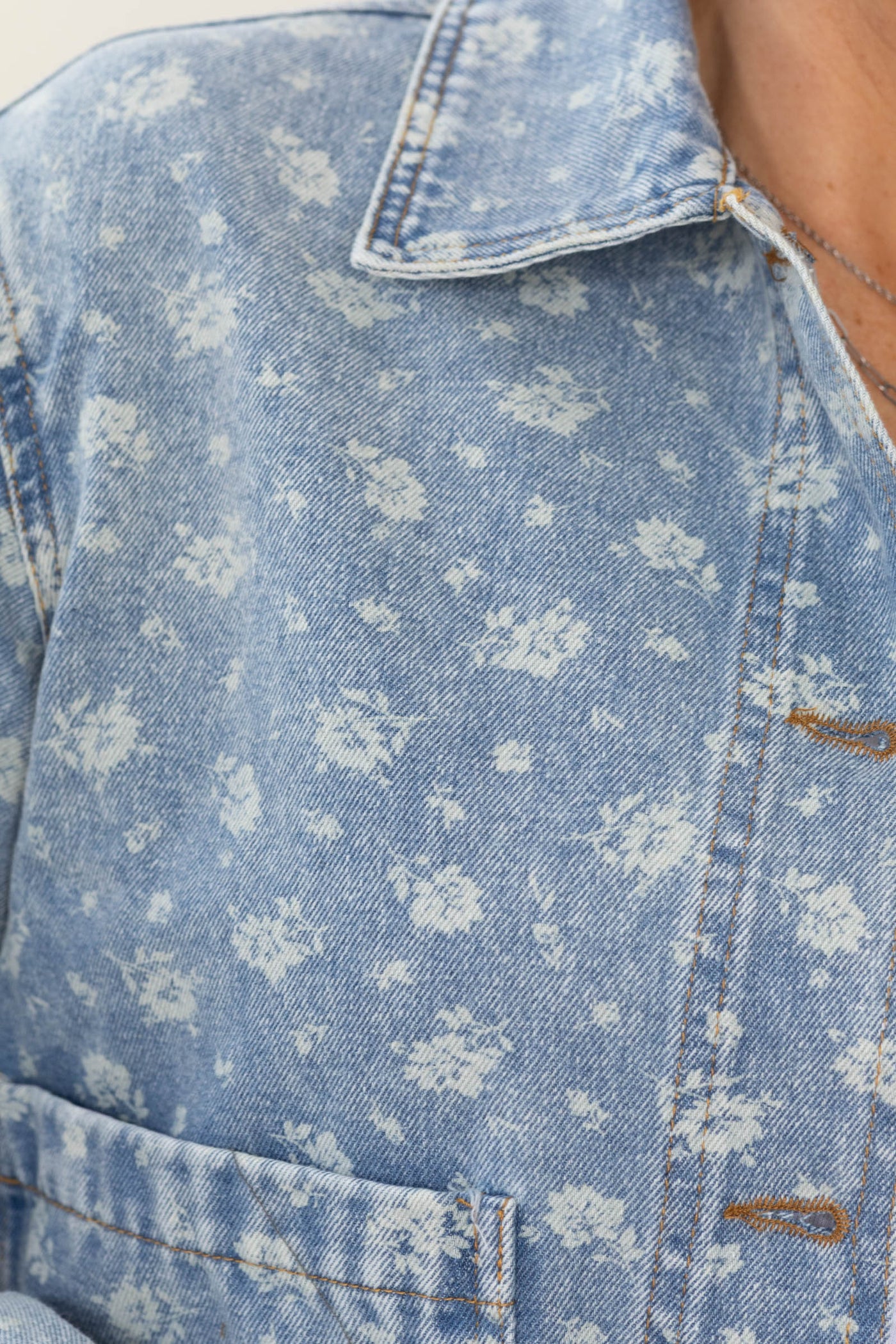 Denim Floral Washed Button Down Jacket