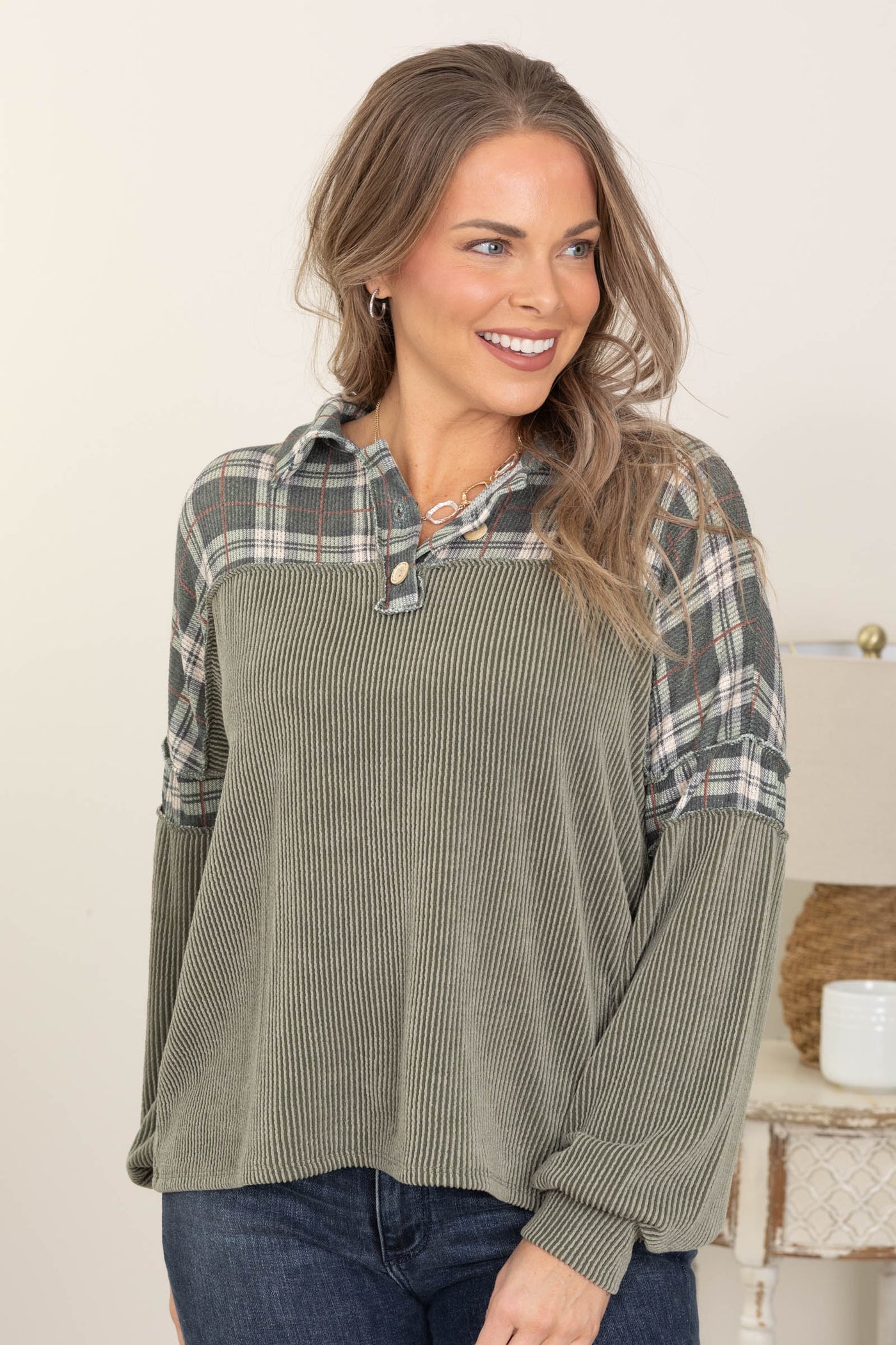 Plaid And Ribbed Knit Long Sleeve Tops