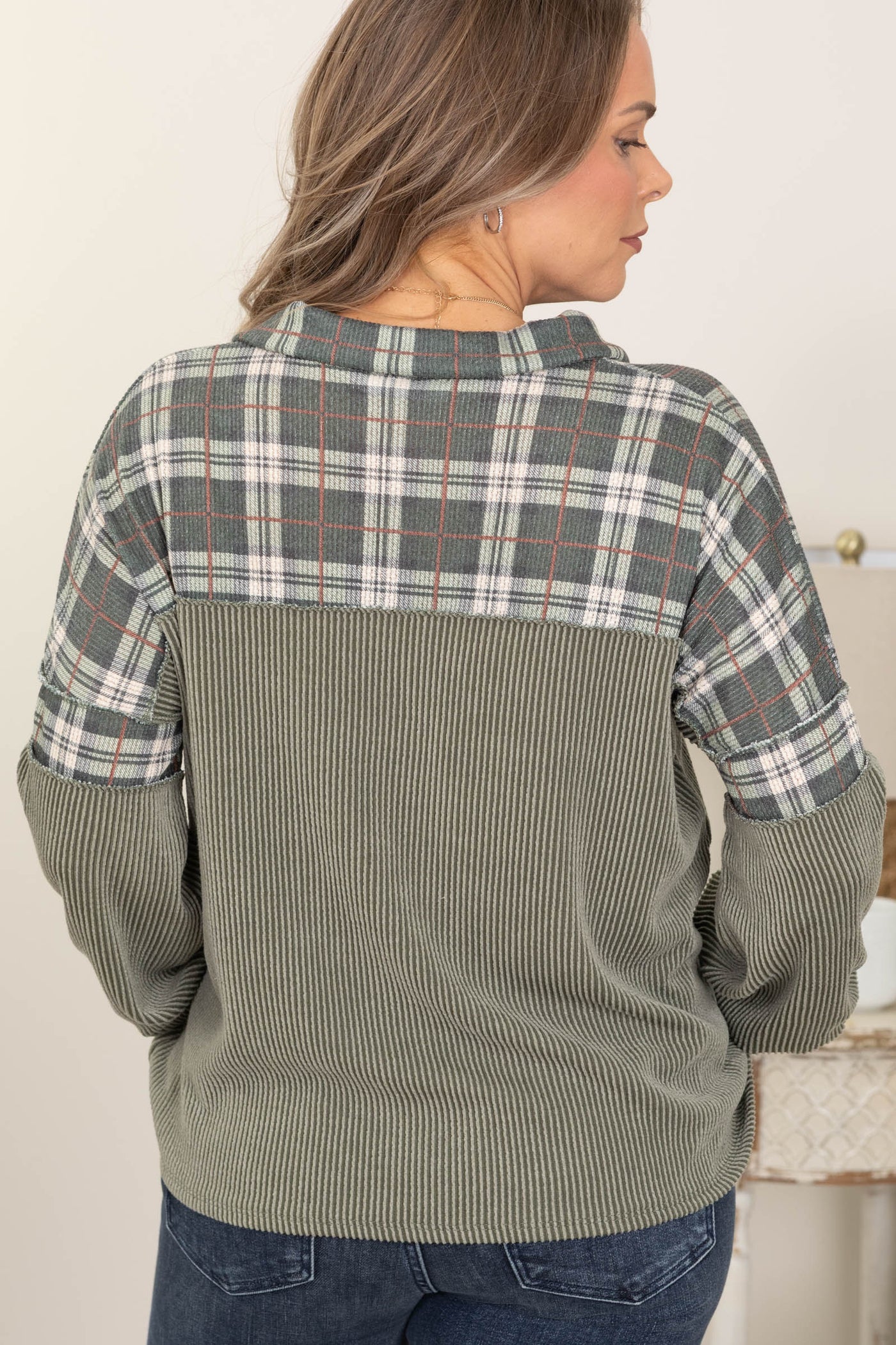 Plaid And Ribbed Knit Long Sleeve Tops
