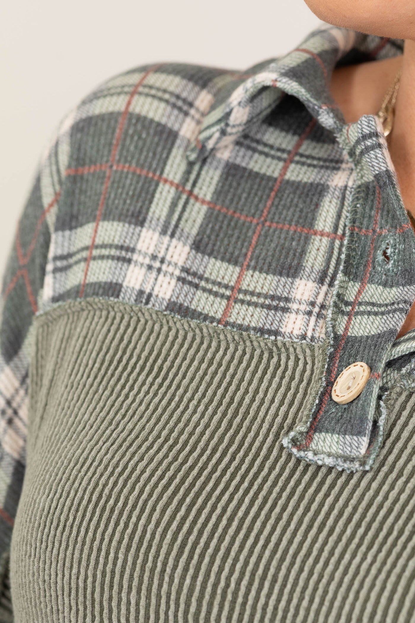 Plaid And Ribbed Knit Long Sleeve Tops