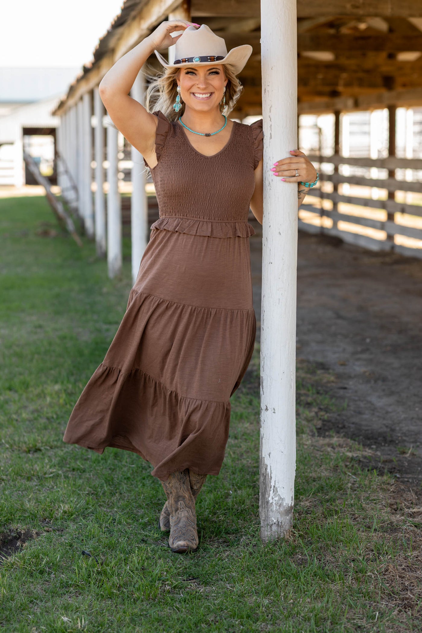 Mocha Smocking Detail Knit Midi Dress- 100% Cotton