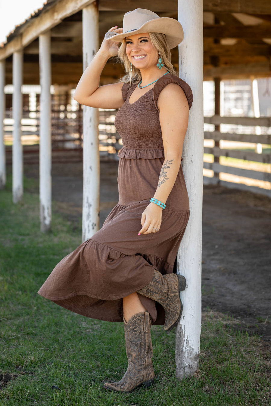 Mocha Smocking Detail Knit Midi Dress- 100% Cotton