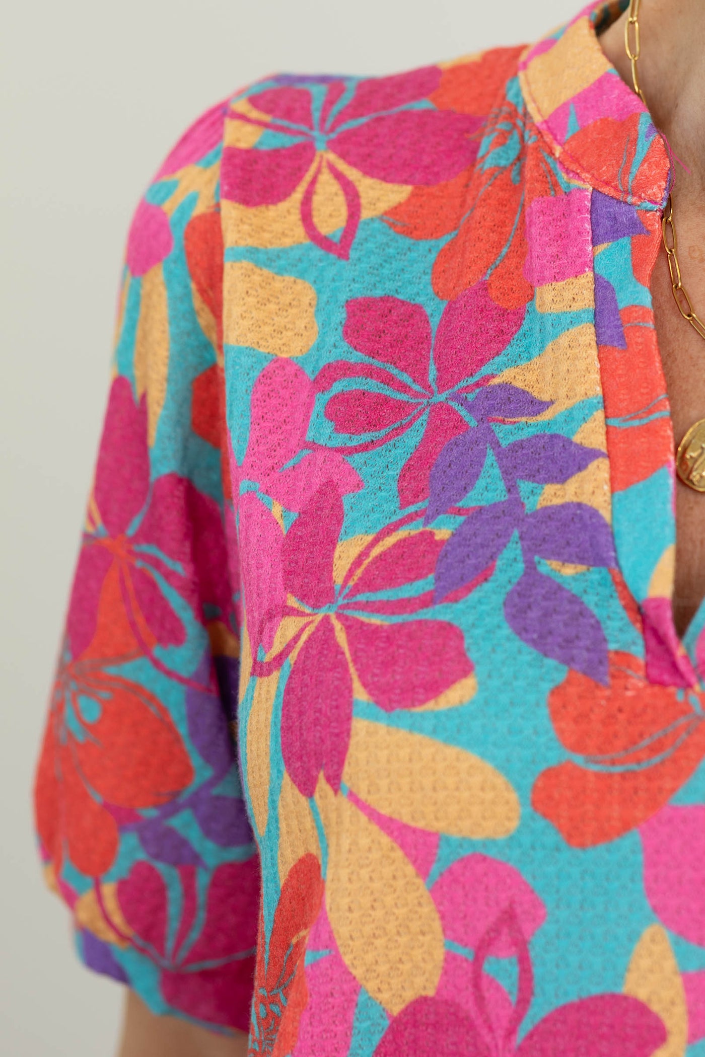 Hot Pink Floral V-Neck Knit Puff Sleeve Top