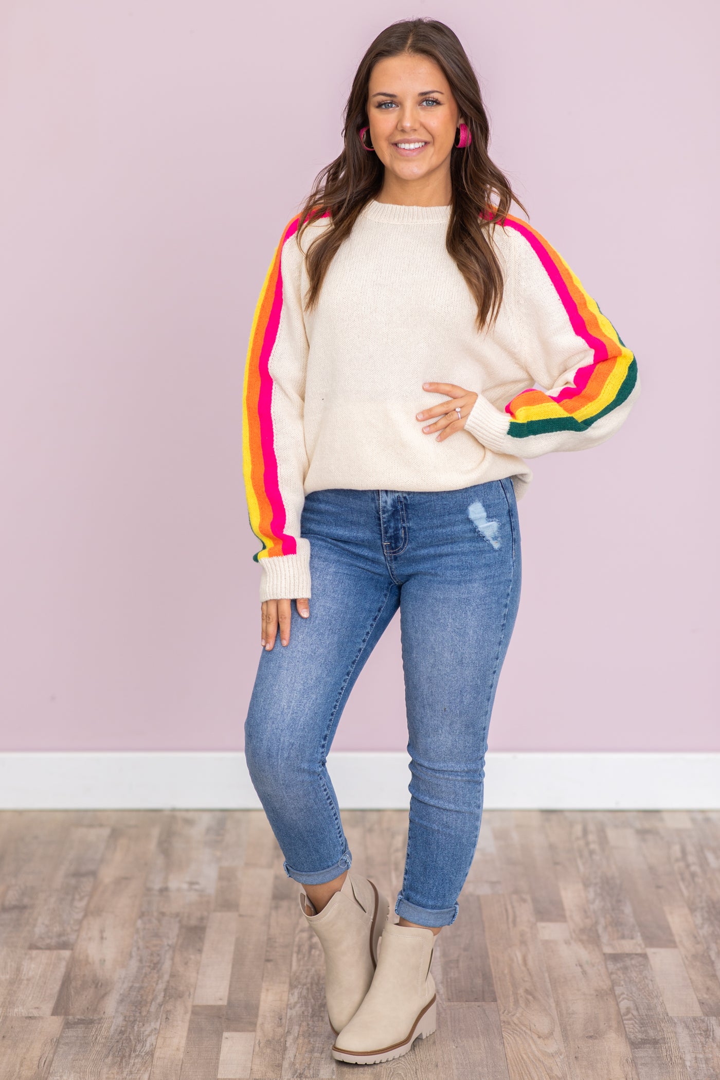 Cream Sweater With Rainbow Stripe Sleeves
